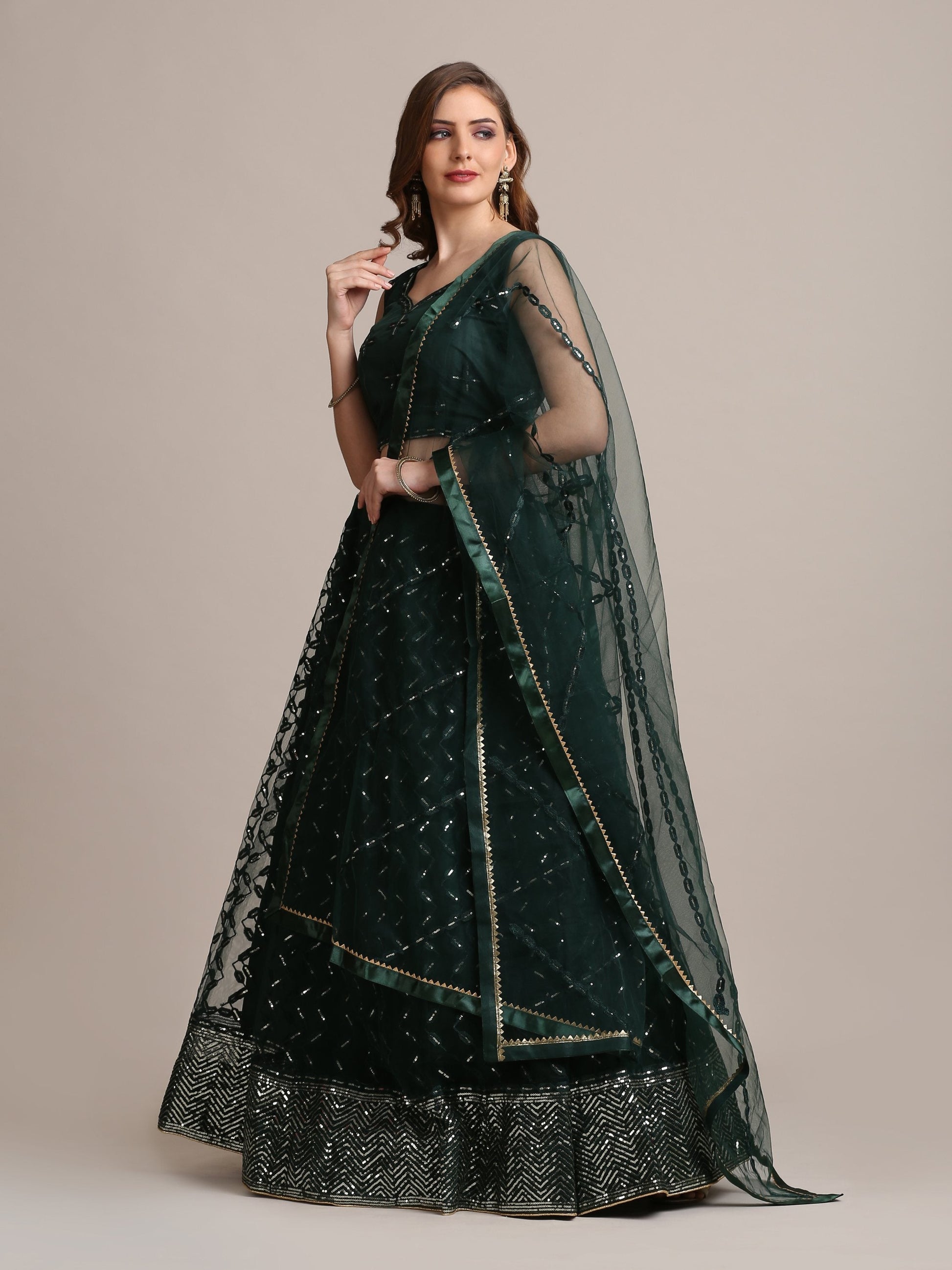 Jyoti Fashion Women's Dark Green Net Embellished Lehenga Choli with Dupatta | Swadesiicart