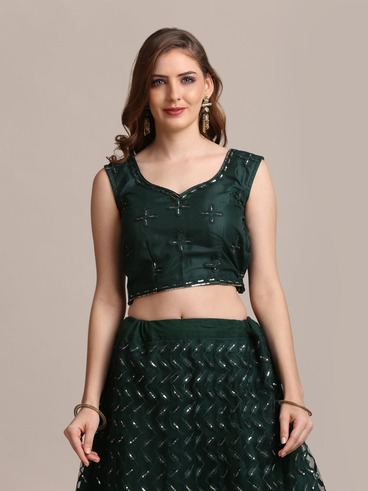 Jyoti Fashion Women's Dark Green Net Embellished Lehenga Choli with Dupatta | Swadesiicart