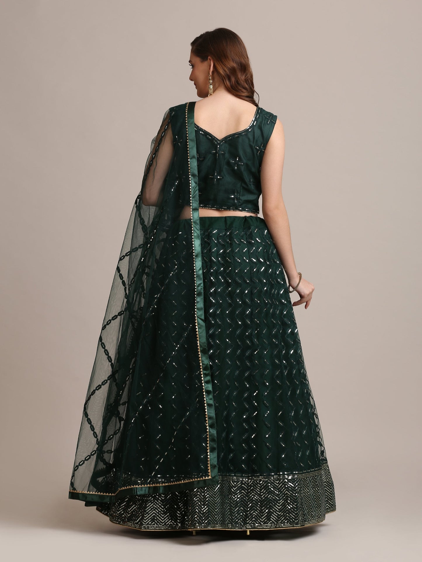 Jyoti Fashion Women's Dark Green Net Embellished Lehenga Choli with Dupatta | Swadesiicart