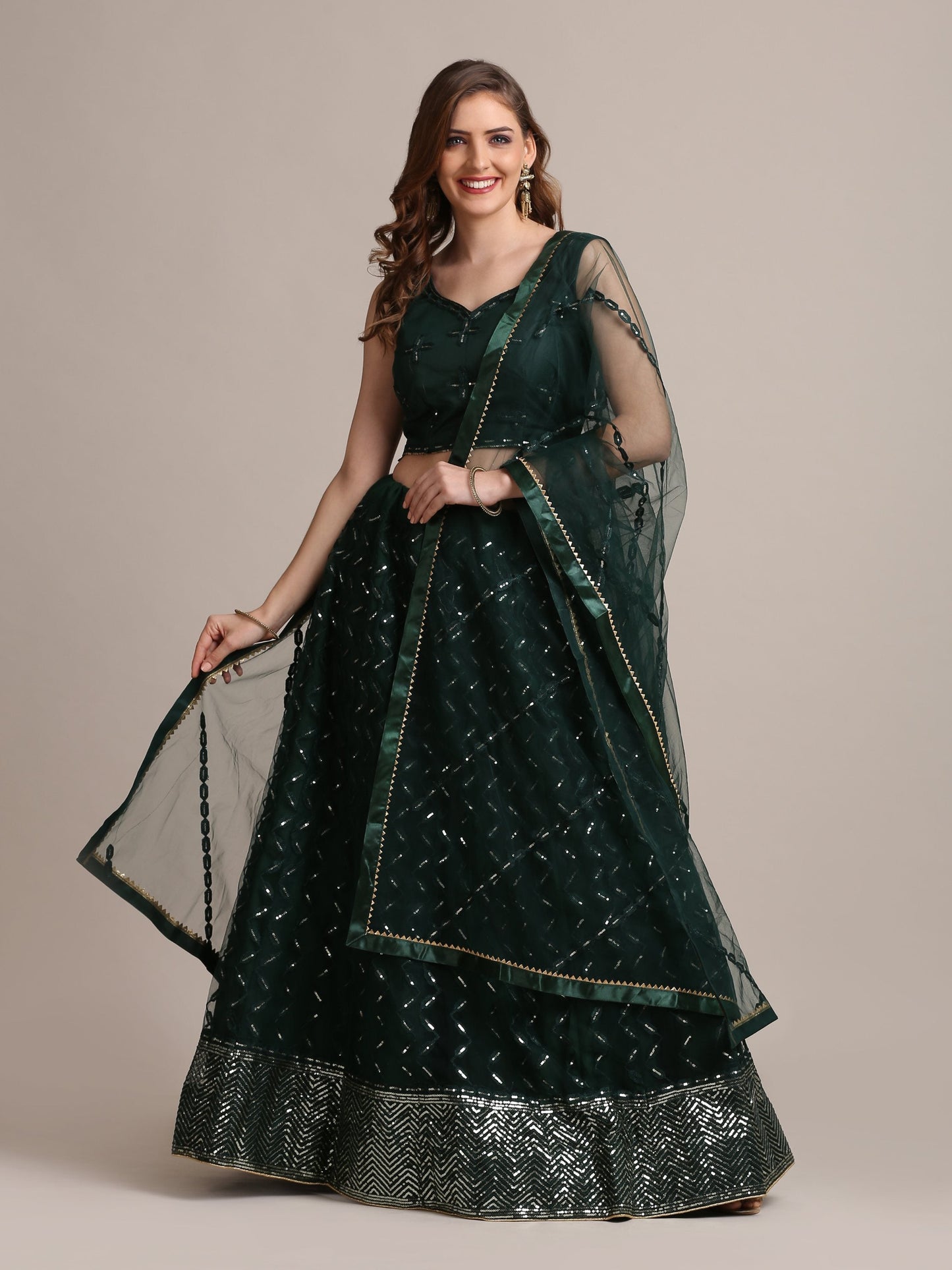 Jyoti Fashion Women's Dark Green Net Embellished Lehenga Choli with Dupatta | Swadesiicart
