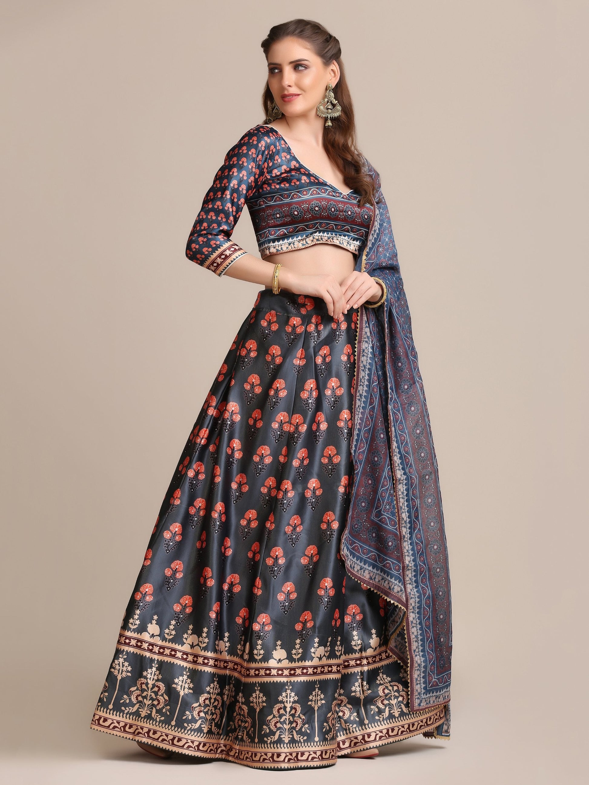 Jyoti Fashion Women's Dark Grey Jacquard Silk Floral Printed Lehenga Choli with Dupatta | Swadesiicart