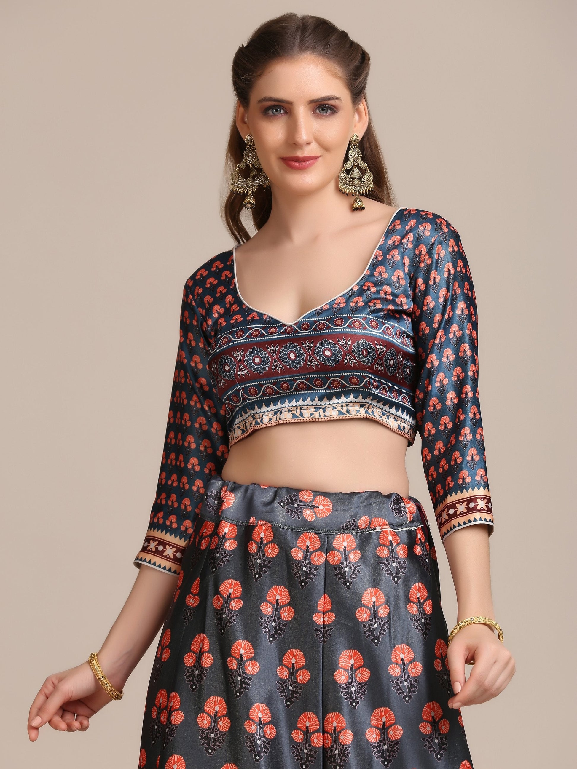 Jyoti Fashion Women's Dark Grey Jacquard Silk Floral Printed Lehenga Choli with Dupatta | Swadesiicart