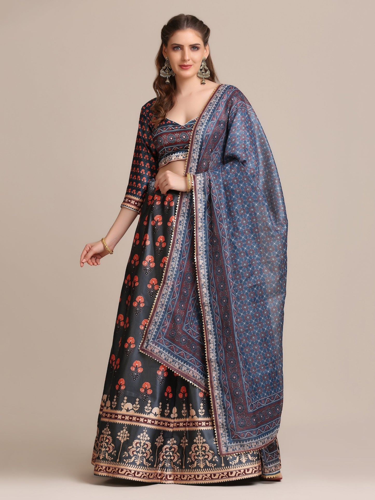 Jyoti Fashion Women's Dark Grey Jacquard Silk Floral Printed Lehenga Choli with Dupatta | Swadesiicart