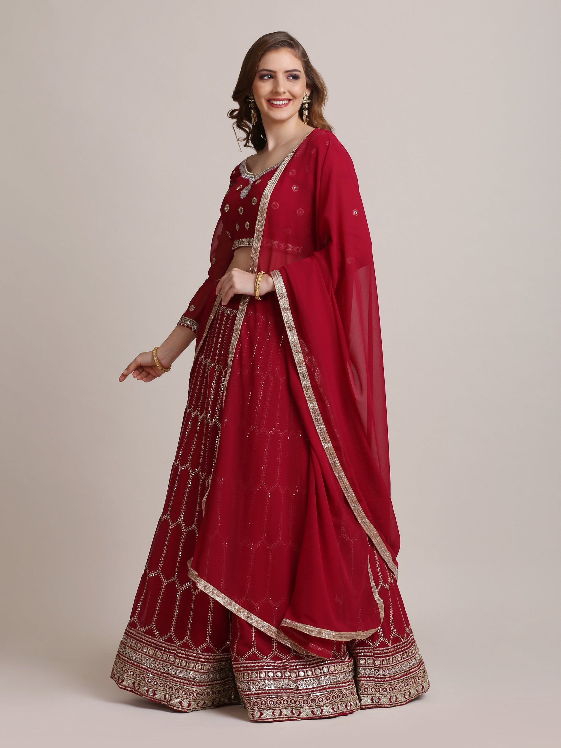 Jyoti Fashion Women's Maroon Georgette Sequins Lehenga Choli with Dupatta | Swadesiicart