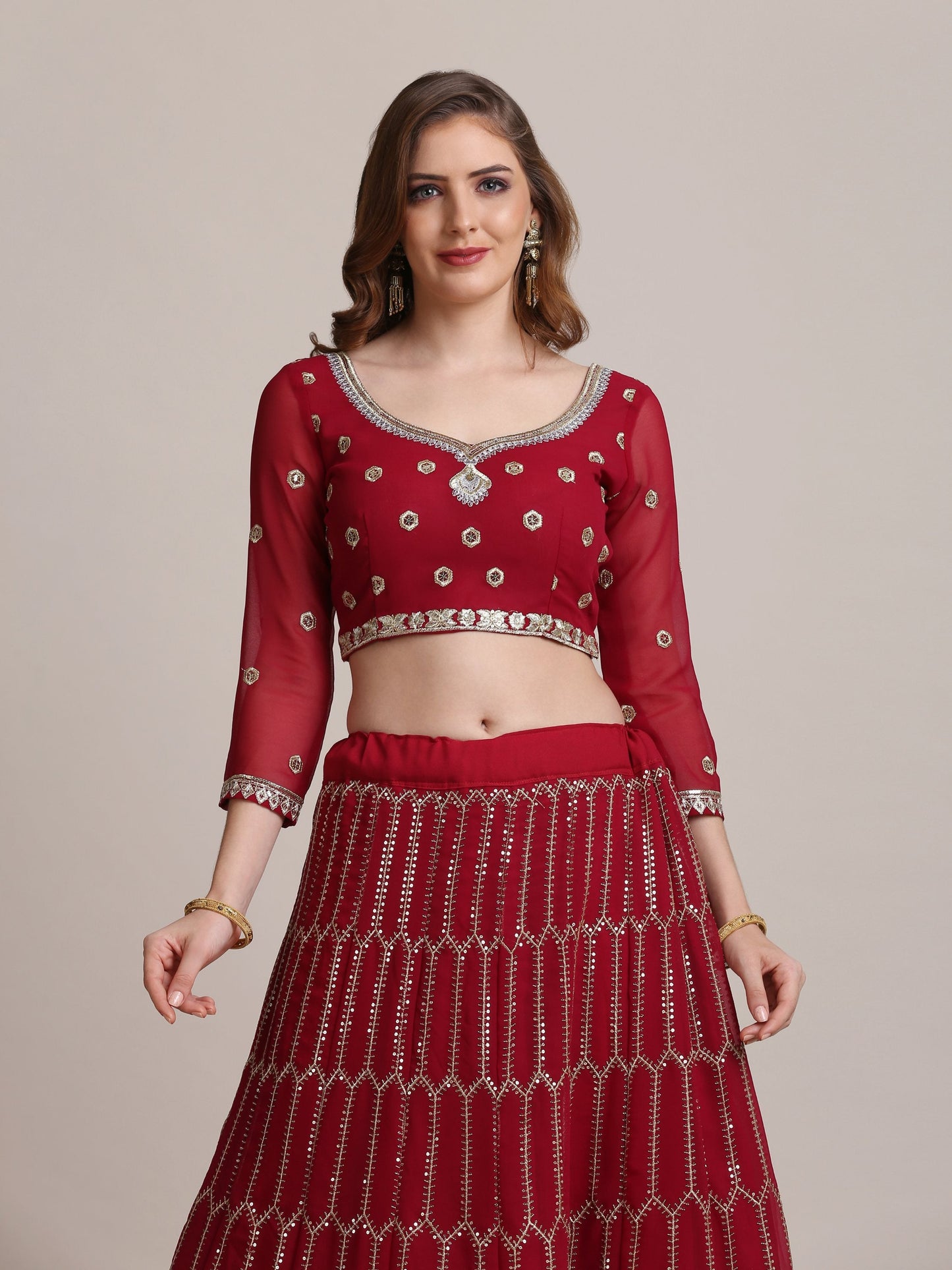 Jyoti Fashion Women's Maroon Georgette Sequins Lehenga Choli with Dupatta | Swadesiicart