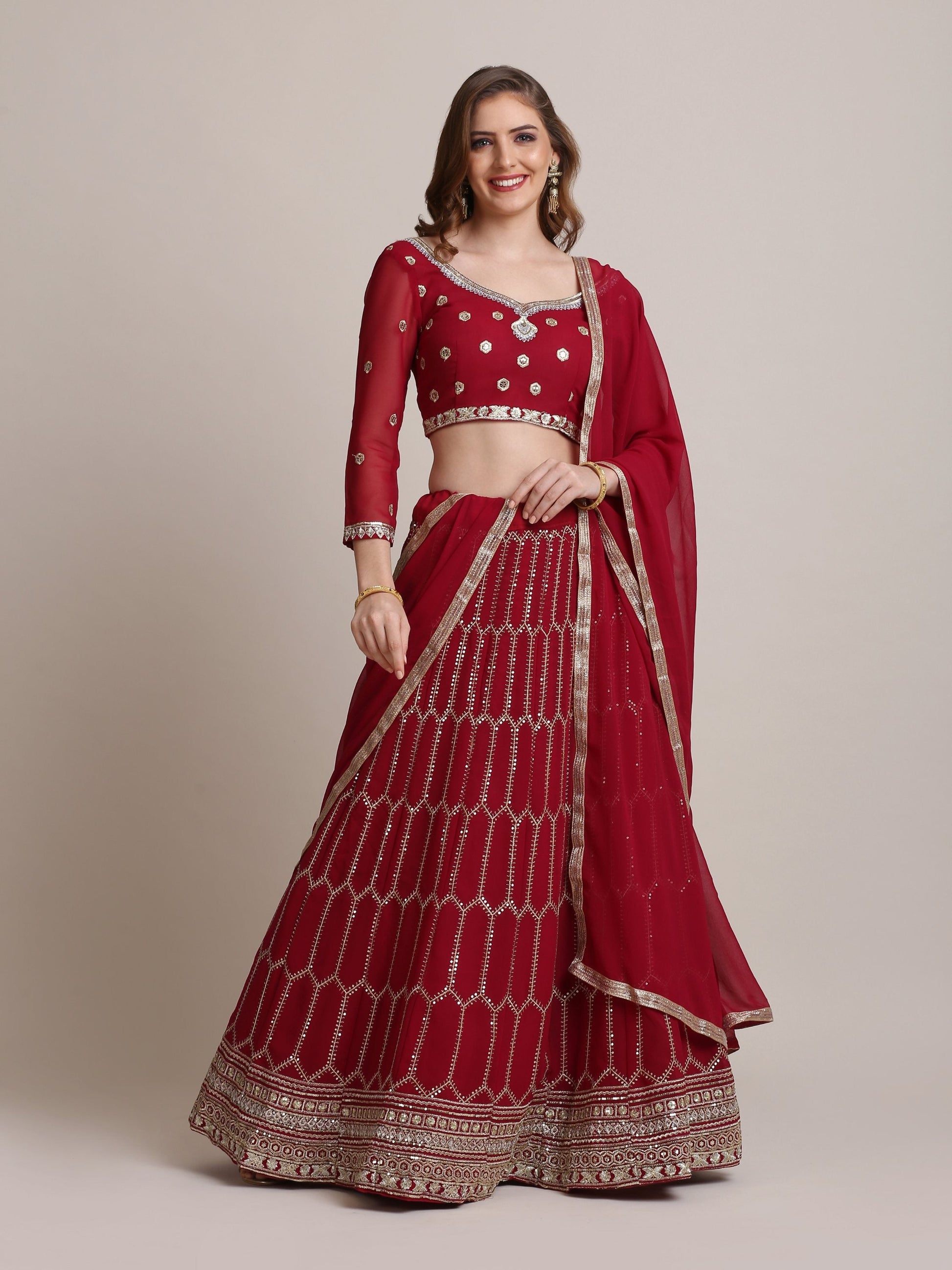 Jyoti Fashion Women's Maroon Georgette Sequins Lehenga Choli with Dupatta | Swadesiicart