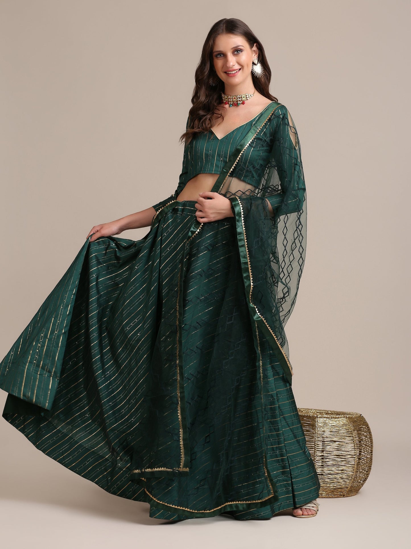 Jyoti Fashion Women's Bottle Green Georgette Sequins Lehenga Choli with Dupatta | Swadesiicart