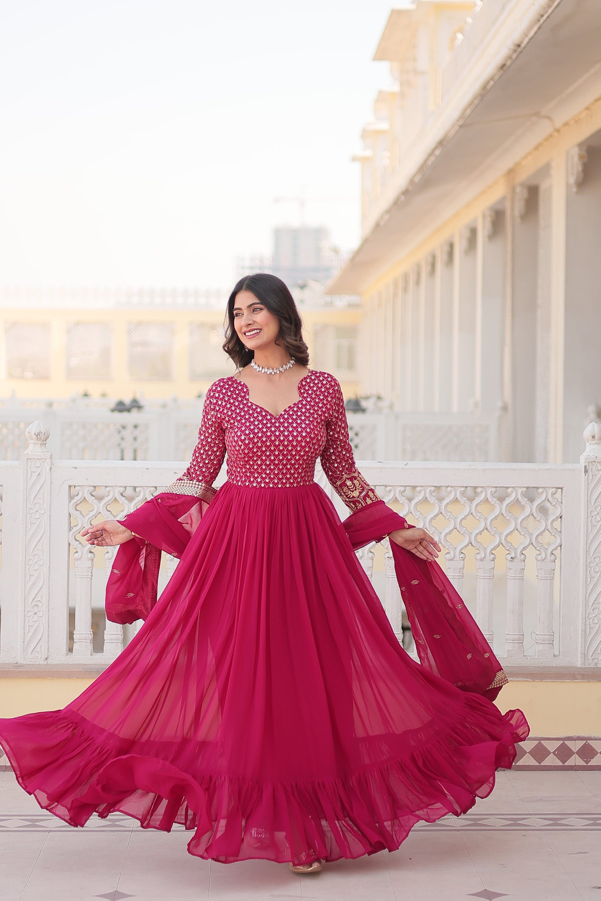 Jyoti Fashion Women's Rani Pink Faux Blooming Sequins with Zari Embroidered Anarkali Kurta with Dupatta | Swadesiicart