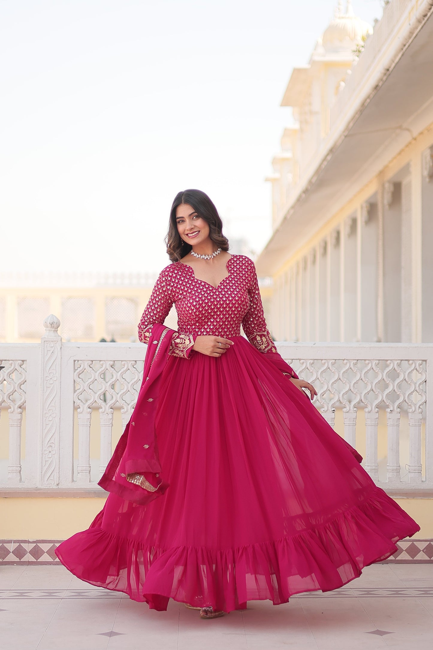 Jyoti Fashion Women's Rani Pink Faux Blooming Sequins with Zari Embroidered Anarkali Kurta with Dupatta | Swadesiicart