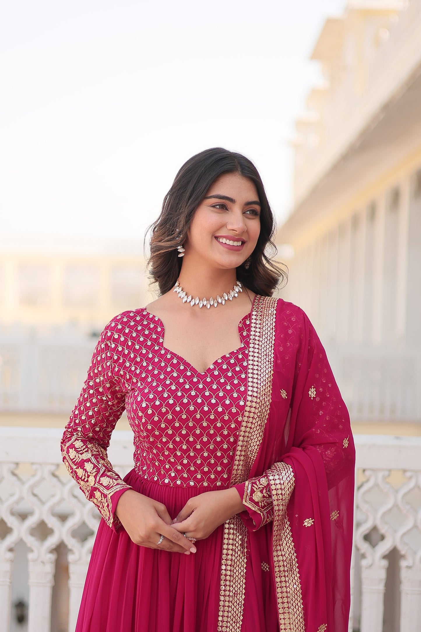 Jyoti Fashion Women's Rani Pink Faux Blooming Sequins with Zari Embroidered Anarkali Kurta with Dupatta | Swadesiicart