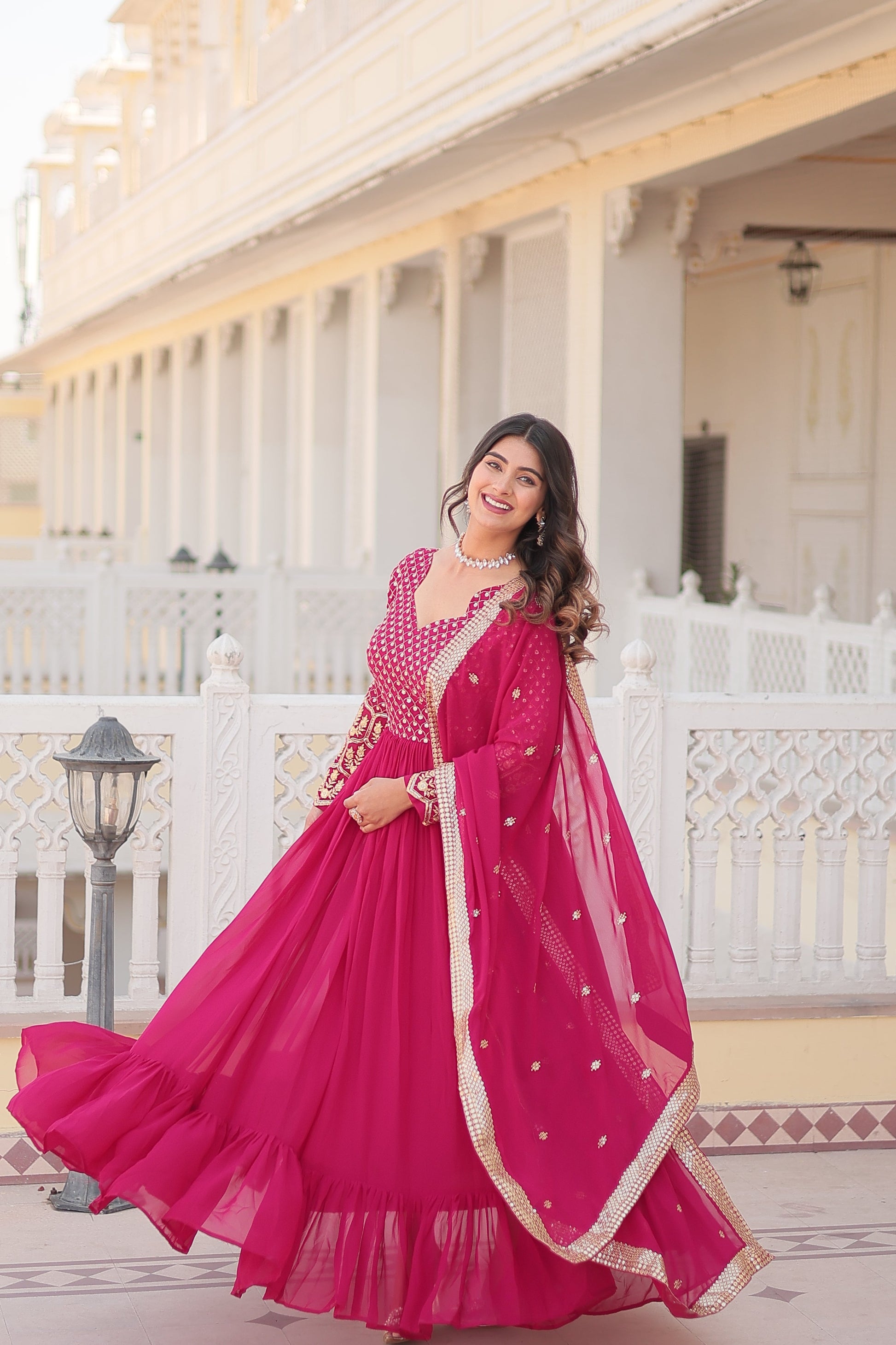 Jyoti Fashion Women's Rani Pink Faux Blooming Sequins with Zari Embroidered Anarkali Kurta with Dupatta | Swadesiicart