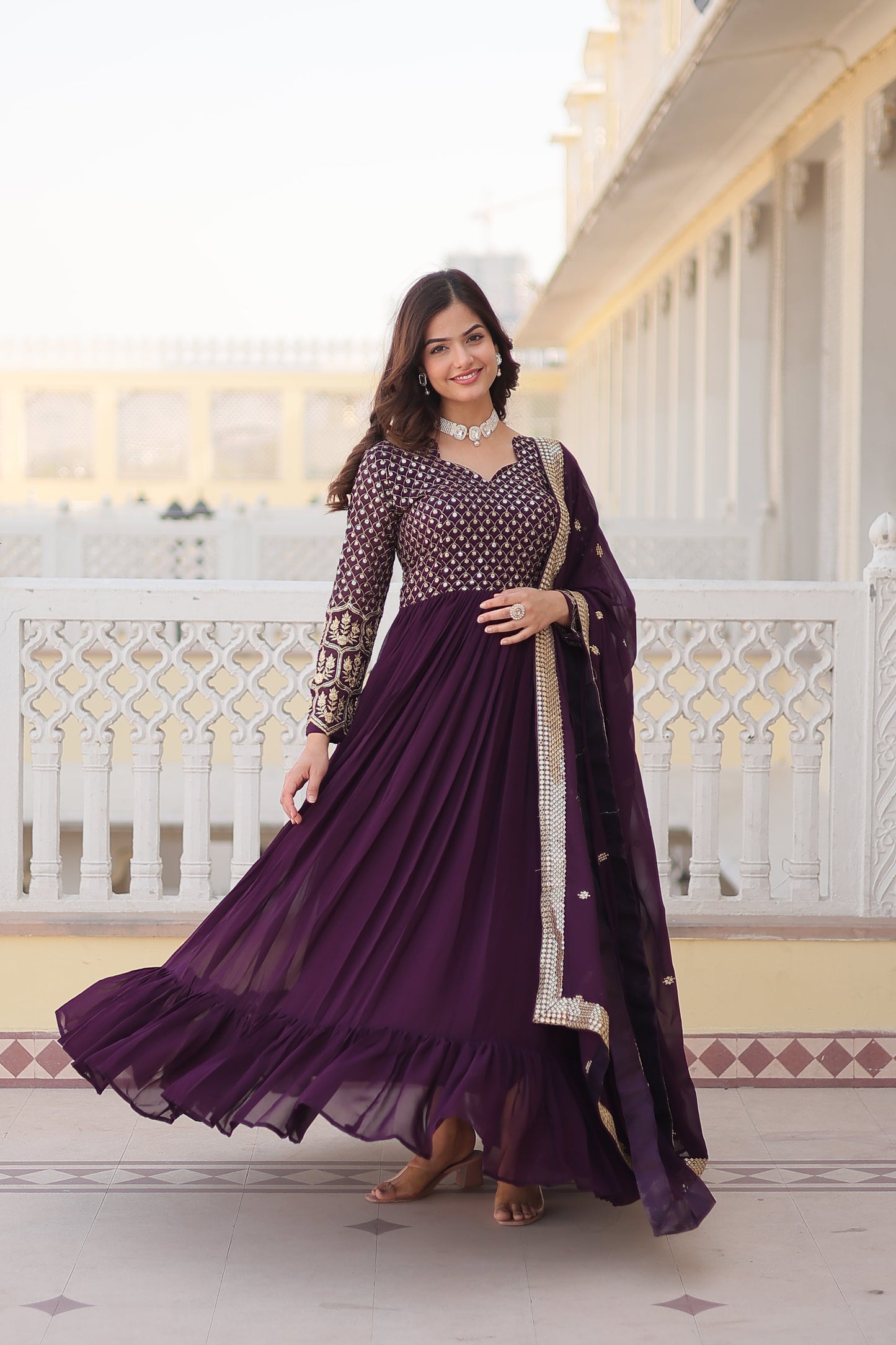 Jyoti Fashion Women's Wine Faux Blooming Sequins with Zari Embroidered Anarkali Kurta with Dupatta | Swadesiicart