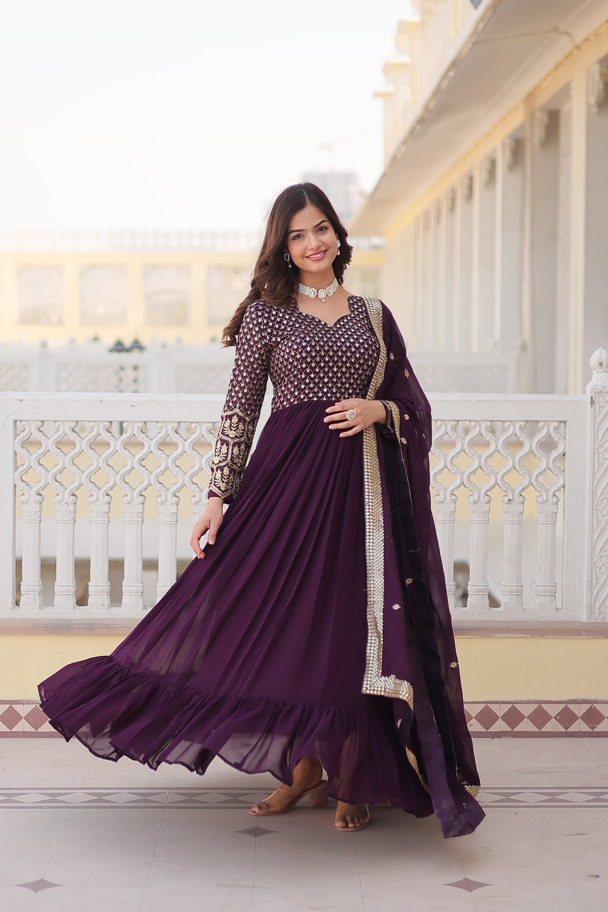 Jyoti Fashion Women's Wine Faux Blooming Sequins with Zari Embroidered Anarkali Kurta with Dupatta | Swadesiicart