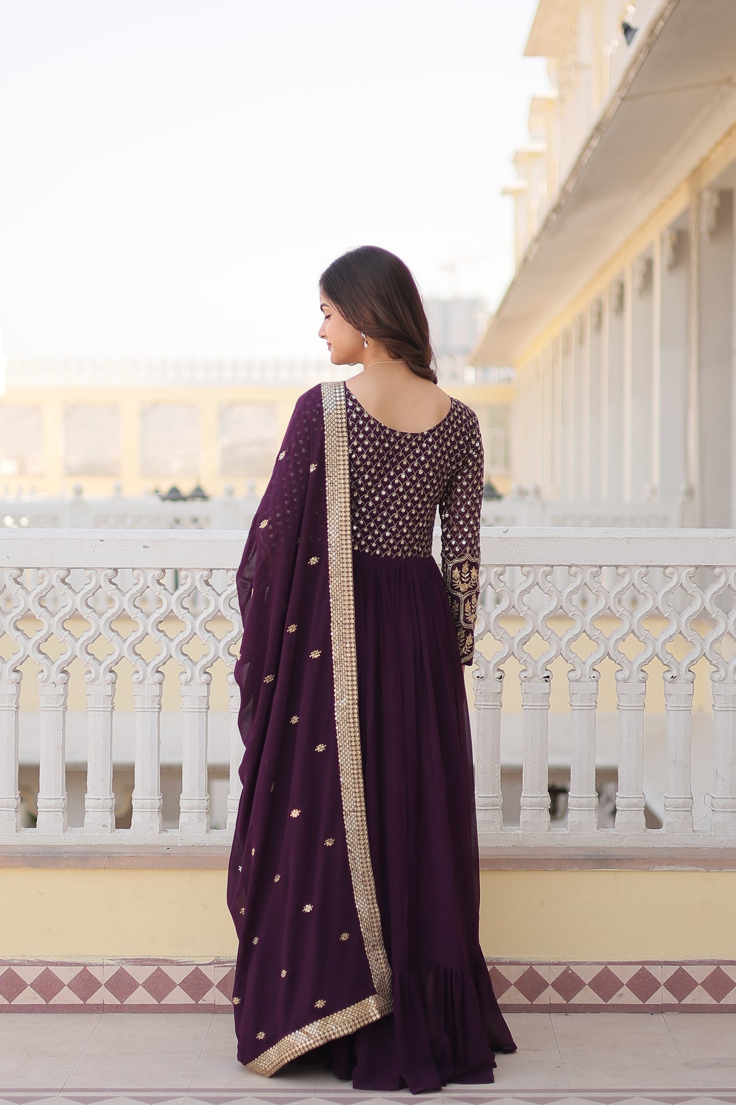 Jyoti Fashion Women's Wine Faux Blooming Sequins with Zari Embroidered Anarkali Kurta with Dupatta | Swadesiicart