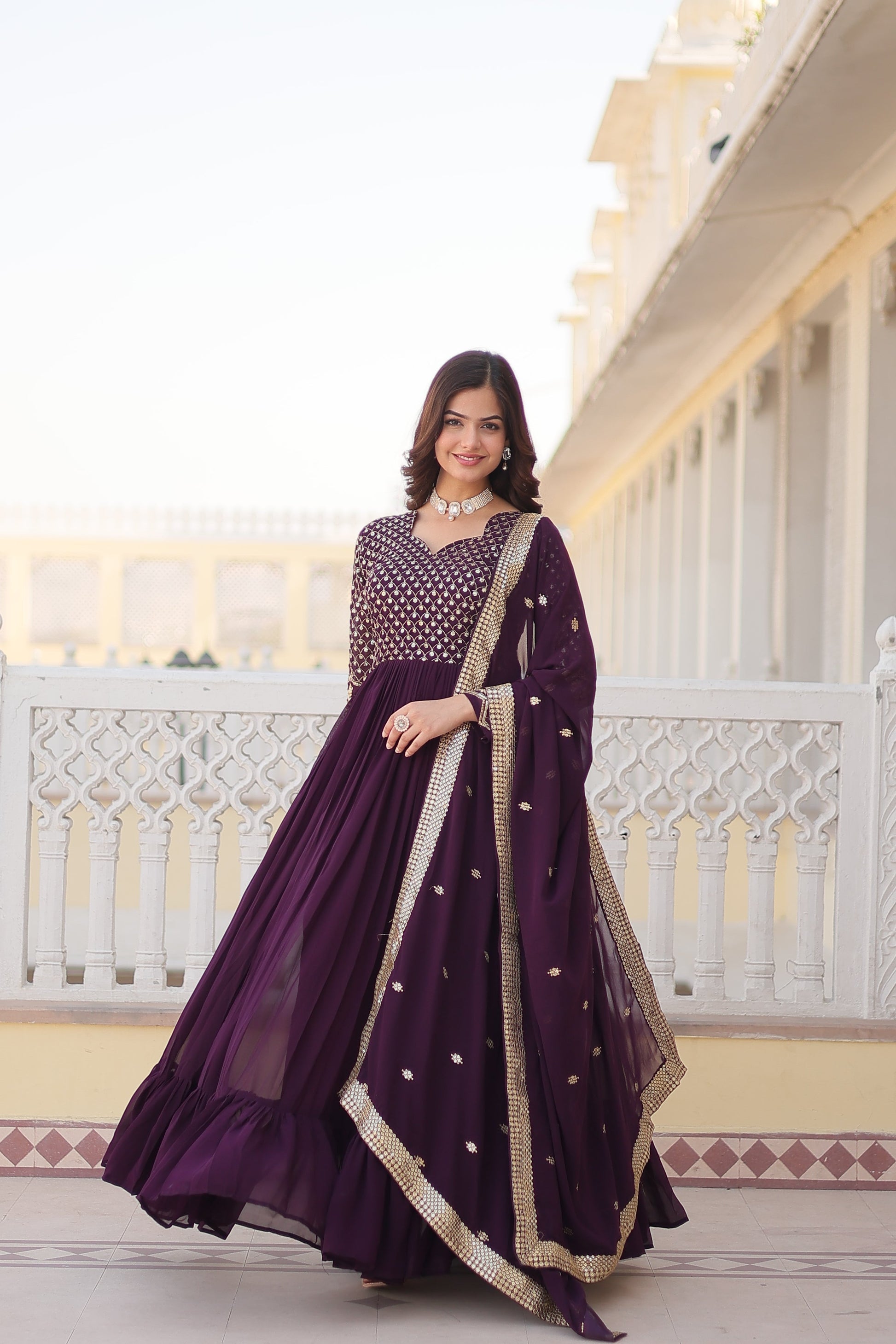 Jyoti Fashion Women's Wine Faux Blooming Sequins with Zari Embroidered Anarkali Kurta with Dupatta | Swadesiicart