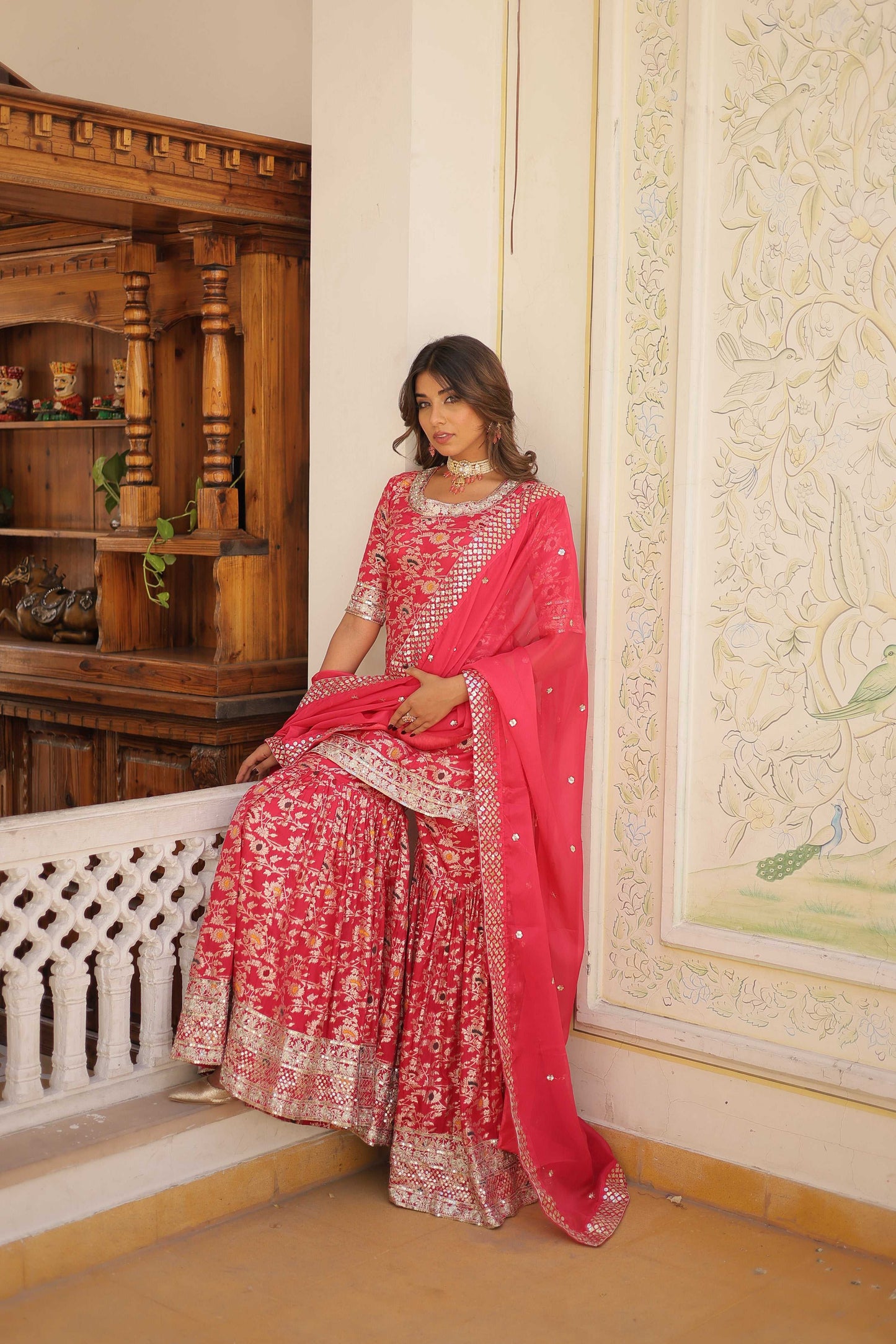 Jyoti Fashion Women's Rani Pink Viscose Jacquerd Sequins with Zari Embroidered Gharara Set | Swadesiicart