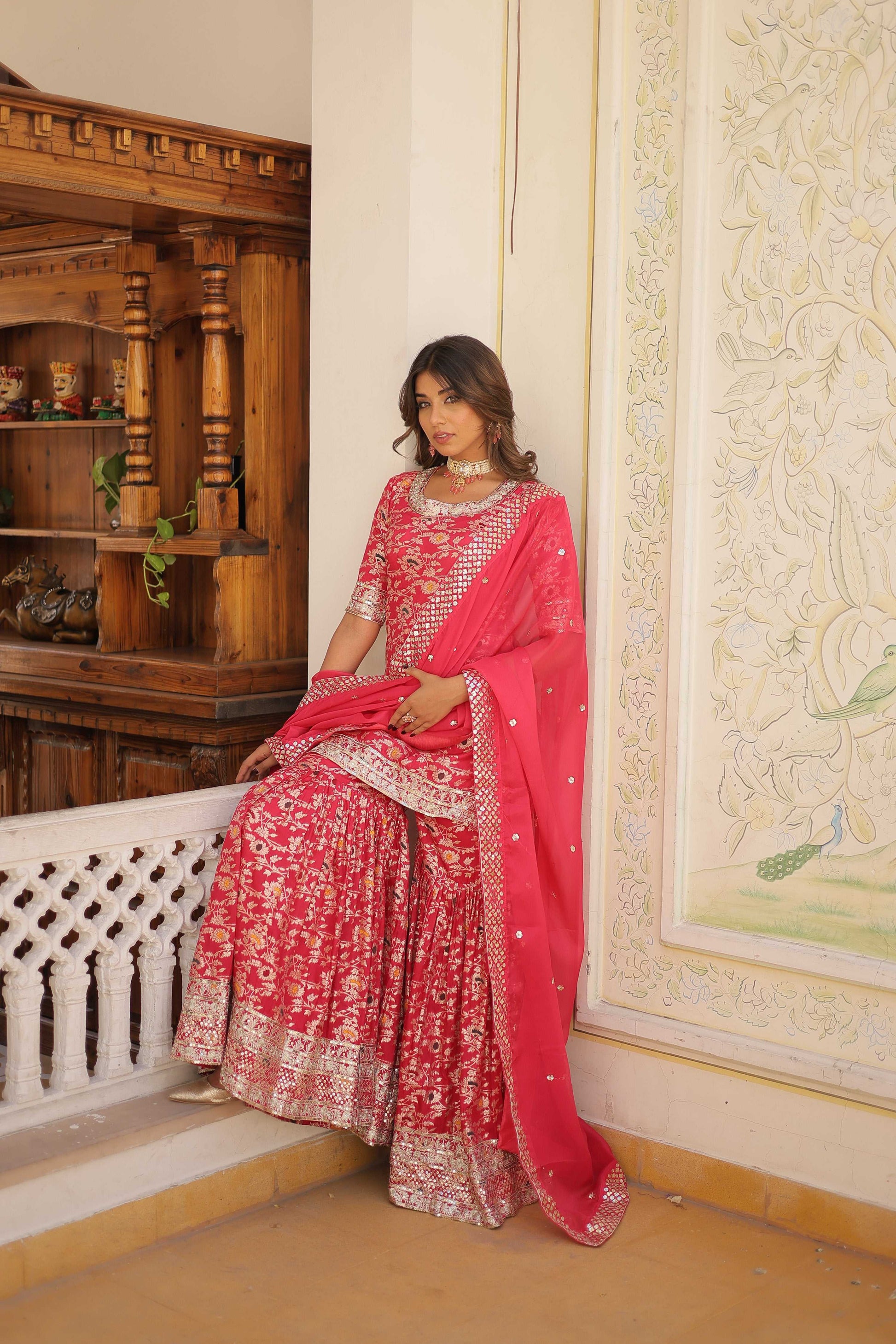 Jyoti Fashion Women's Rani Pink Viscose Jacquerd Sequins with Zari Embroidered Gharara Set | Swadesiicart