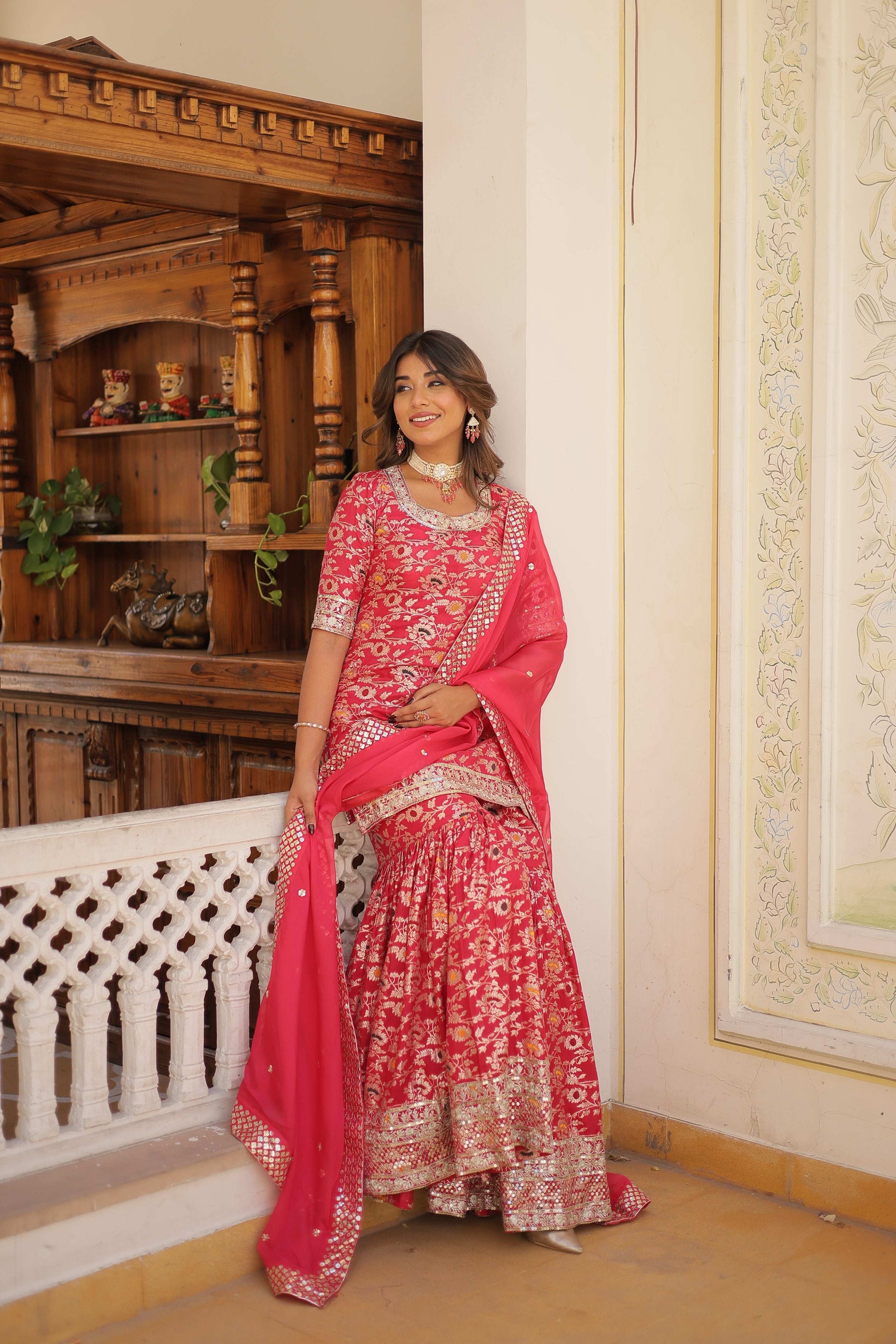 Jyoti Fashion Women's Rani Pink Viscose Jacquerd Sequins with Zari Embroidered Gharara Set | Swadesiicart