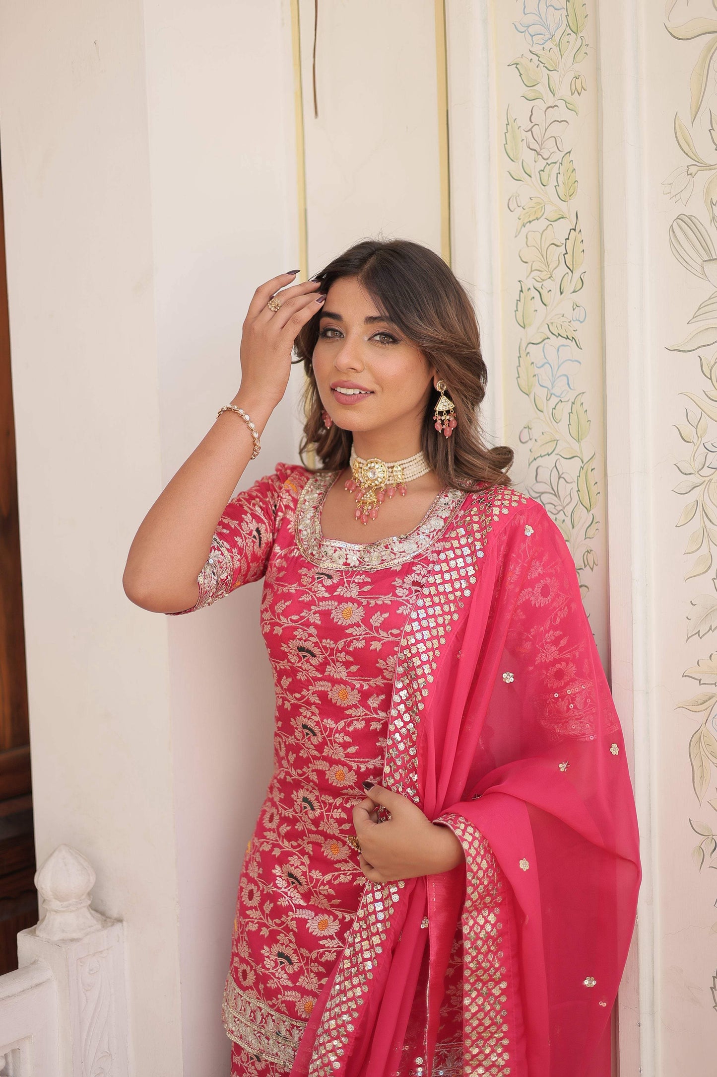 Jyoti Fashion Women's Rani Pink Viscose Jacquerd Sequins with Zari Embroidered Gharara Set | Swadesiicart