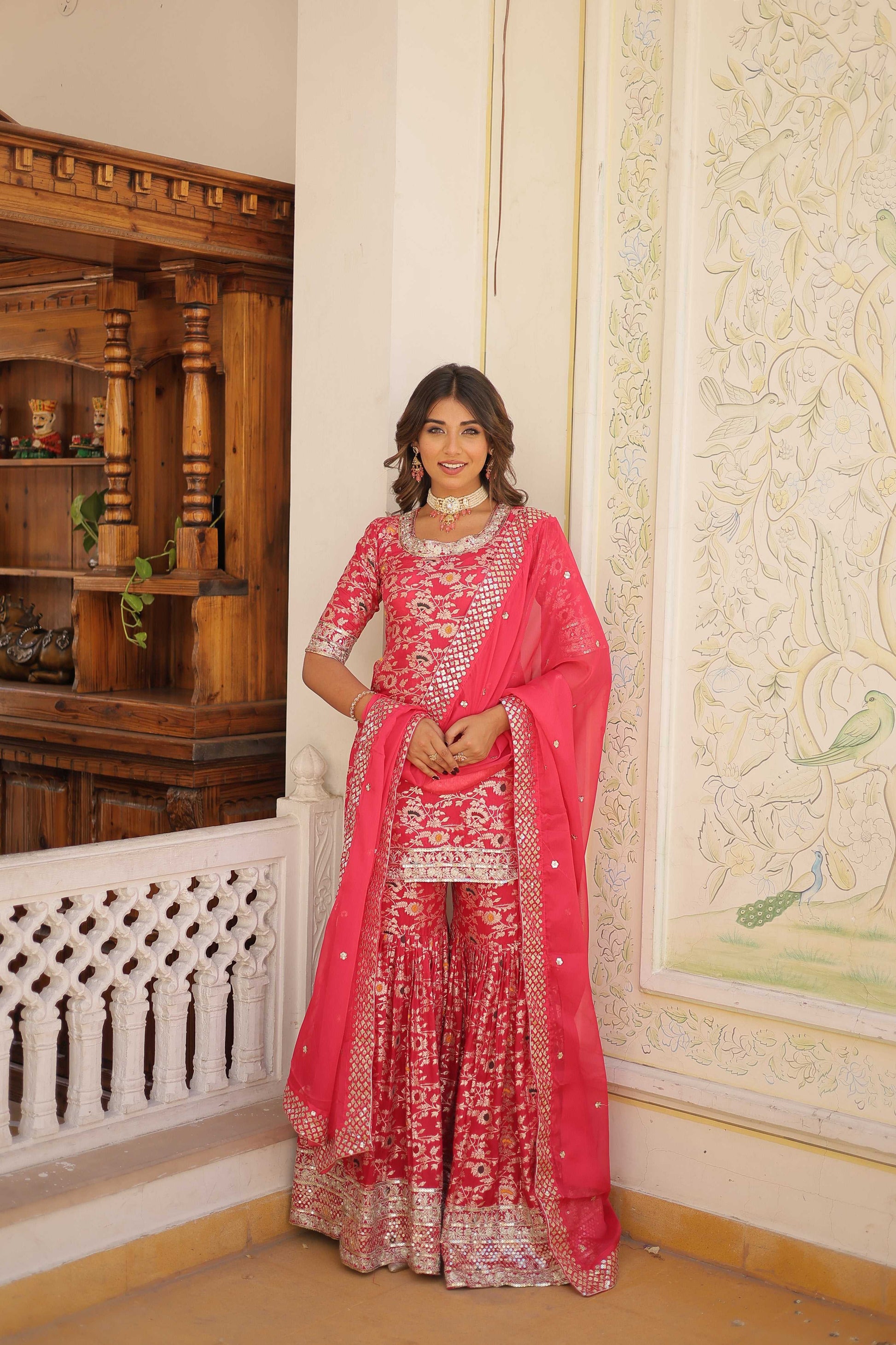 Jyoti Fashion Women's Rani Pink Viscose Jacquerd Sequins with Zari Embroidered Gharara Set | Swadesiicart