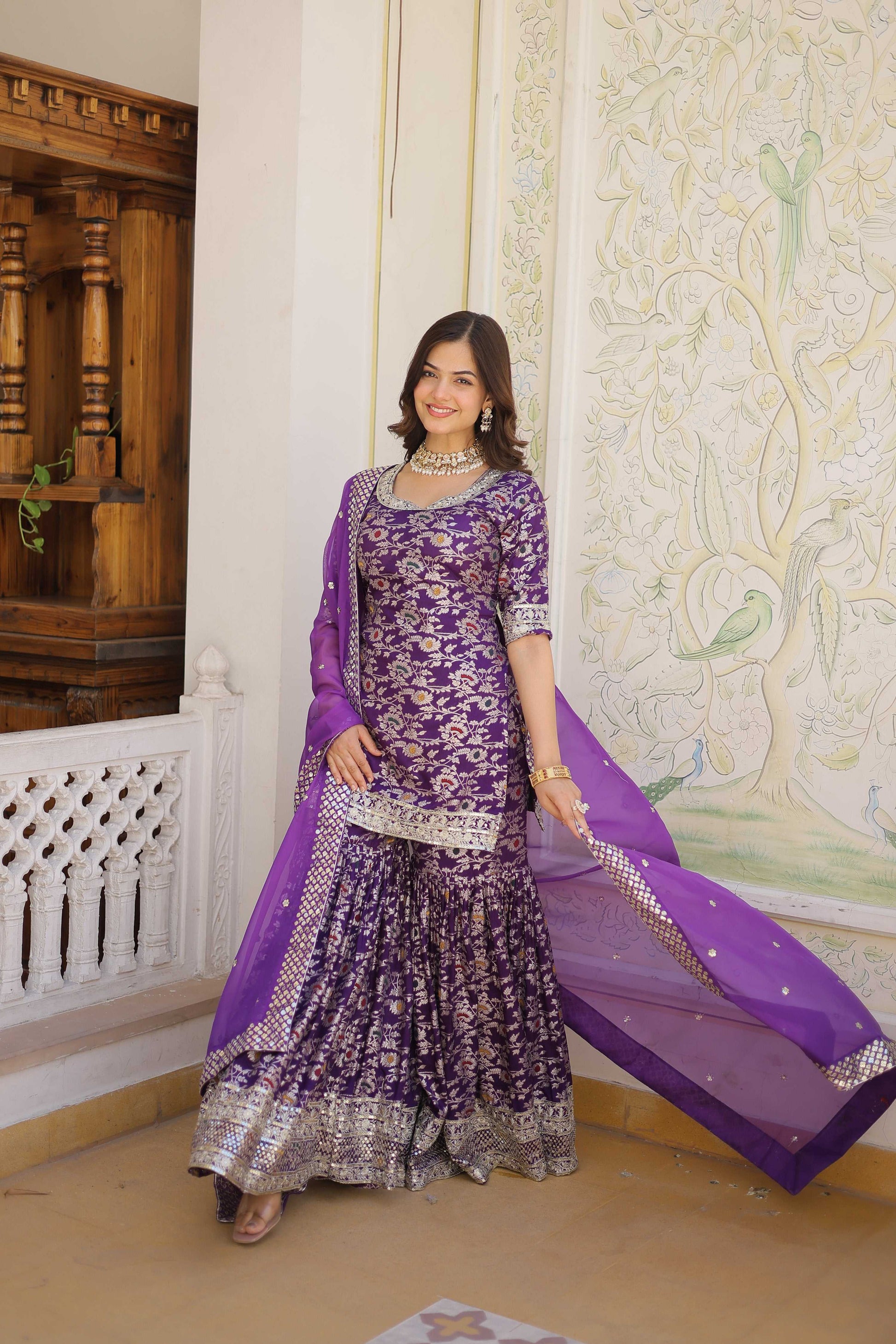 Jyoti Fashion Women's Purple Viscose Jacquerd Sequins with Zari Embroidered Gharara Set | Swadesiicart