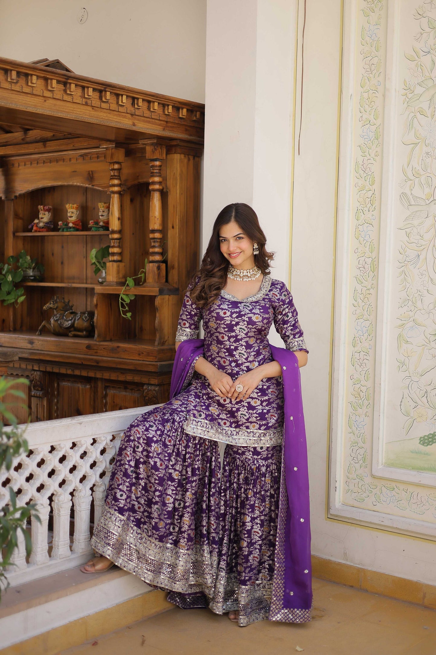 Jyoti Fashion Women's Purple Viscose Jacquerd Sequins with Zari Embroidered Gharara Set | Swadesiicart