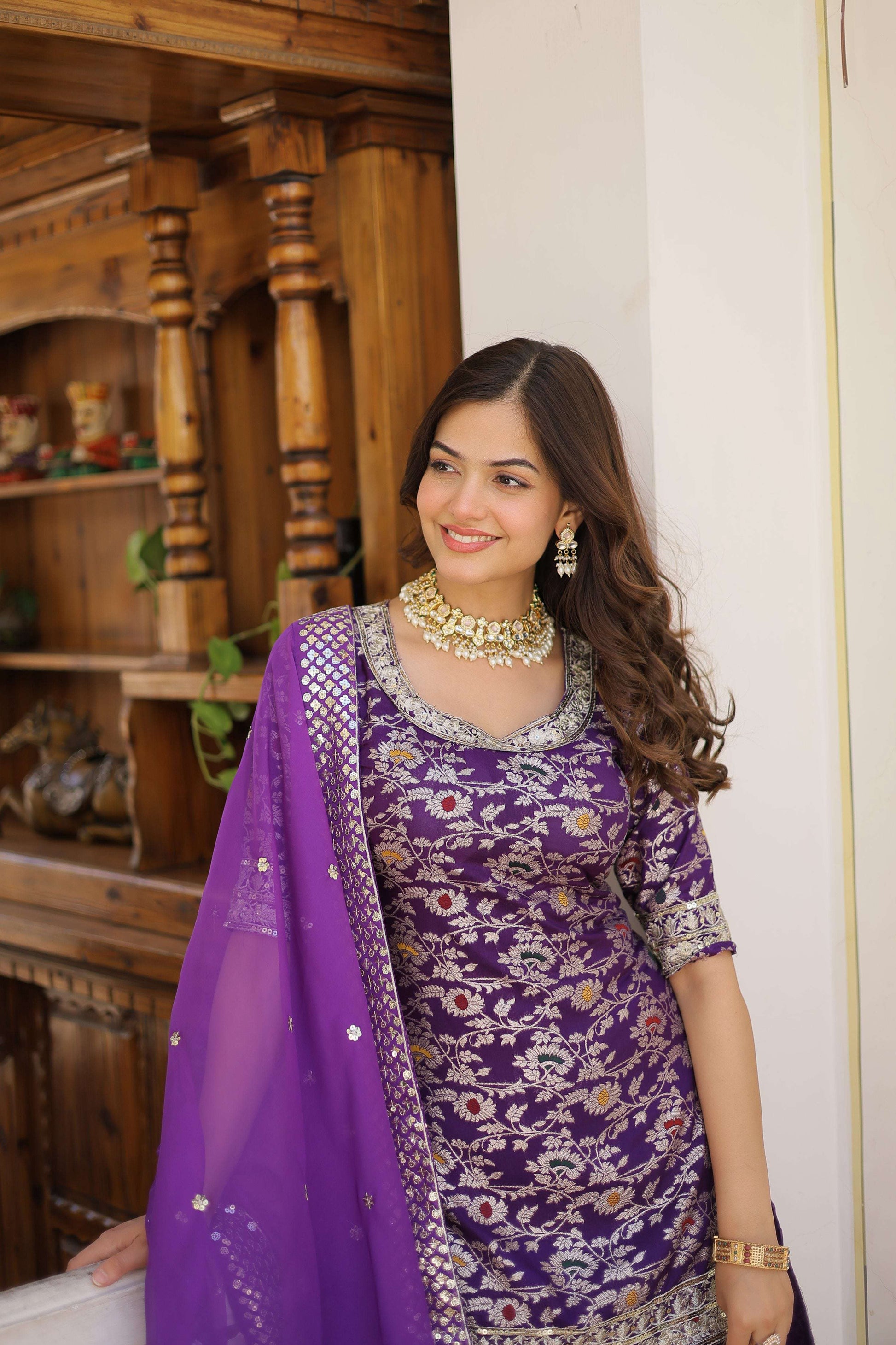 Jyoti Fashion Women's Purple Viscose Jacquerd Sequins with Zari Embroidered Gharara Set | Swadesiicart