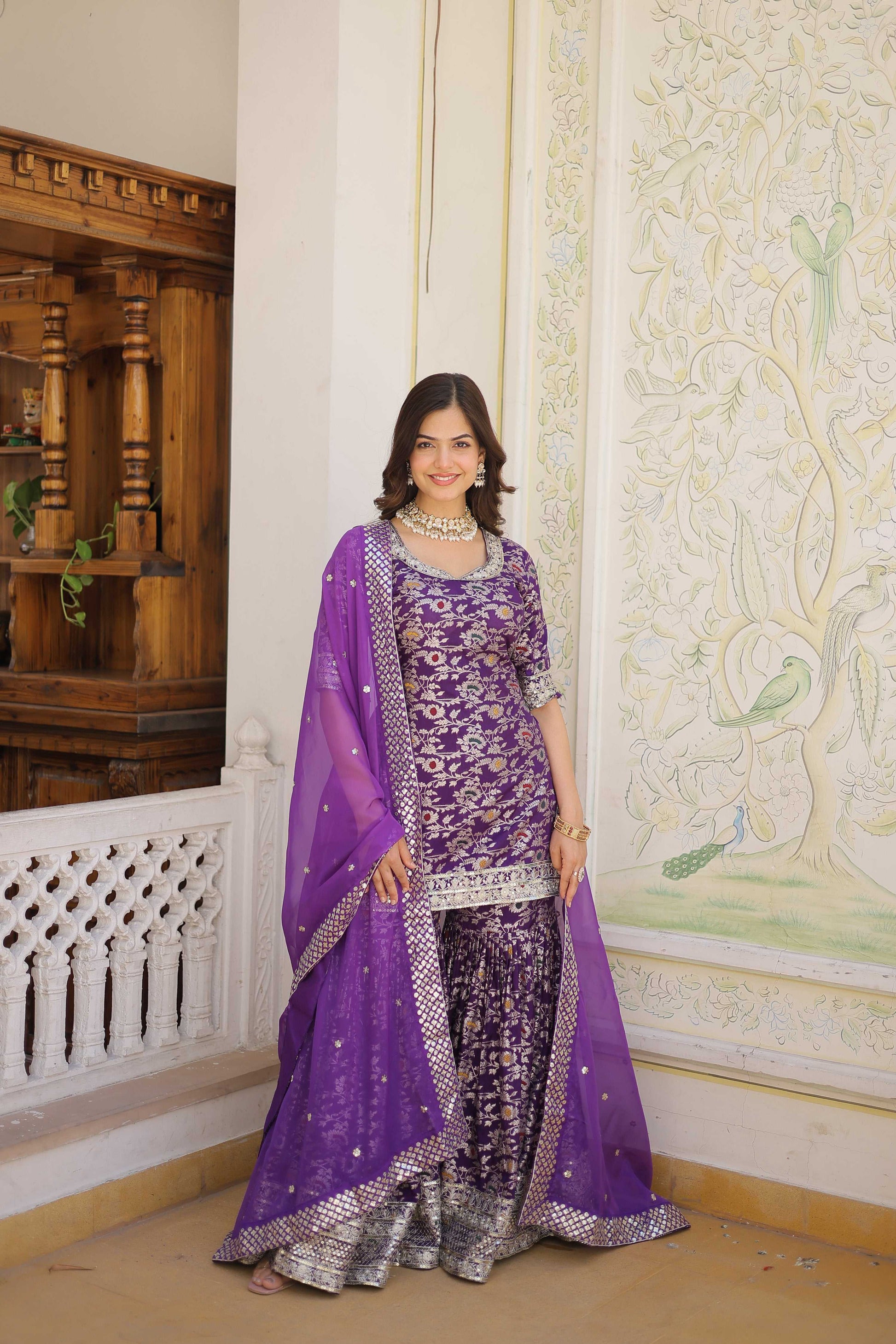 Jyoti Fashion Women's Purple Viscose Jacquerd Sequins with Zari Embroidered Gharara Set | Swadesiicart
