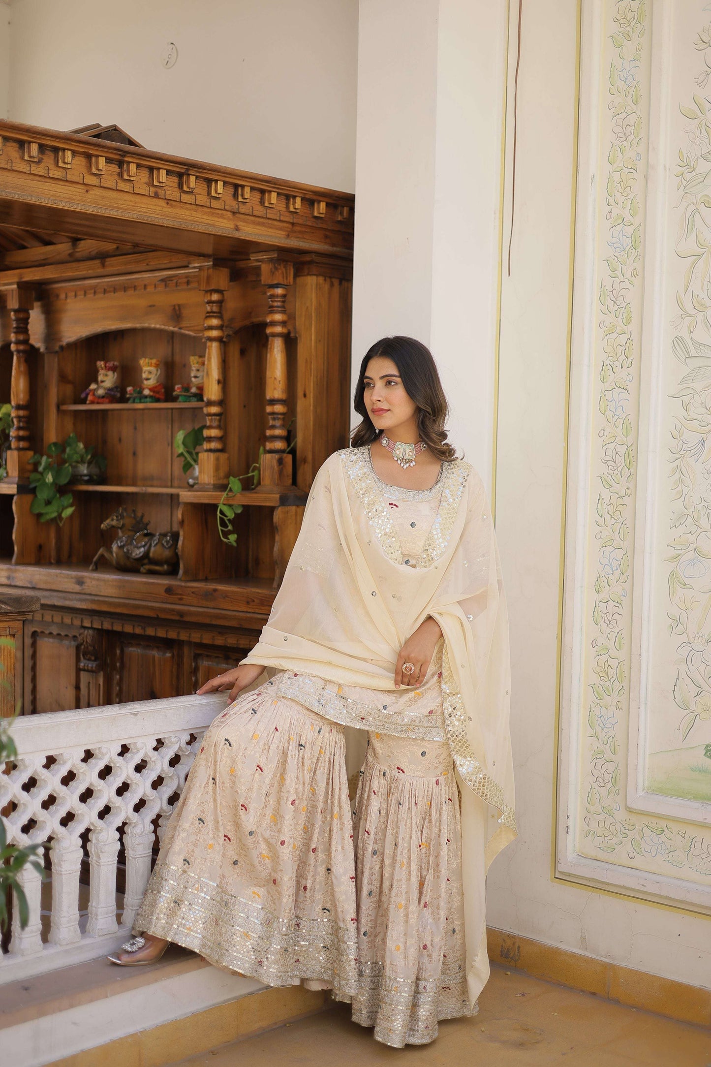 Jyoti Fashion Women's Off White Viscose Jacquerd Sequins with Zari Embroidered Gharara Set | Swadesiicart