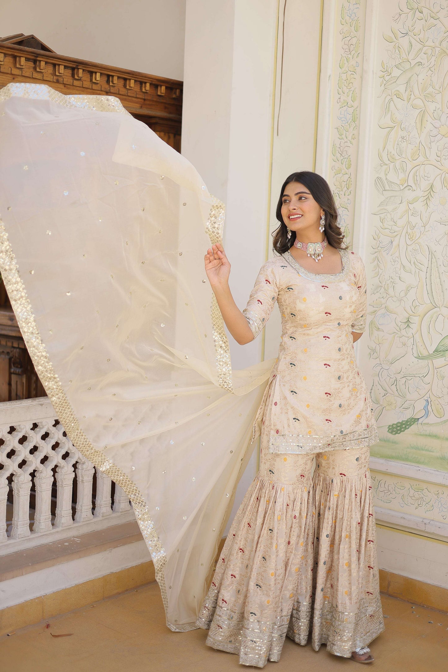 Jyoti Fashion Women's Off White Viscose Jacquerd Sequins with Zari Embroidered Gharara Set | Swadesiicart