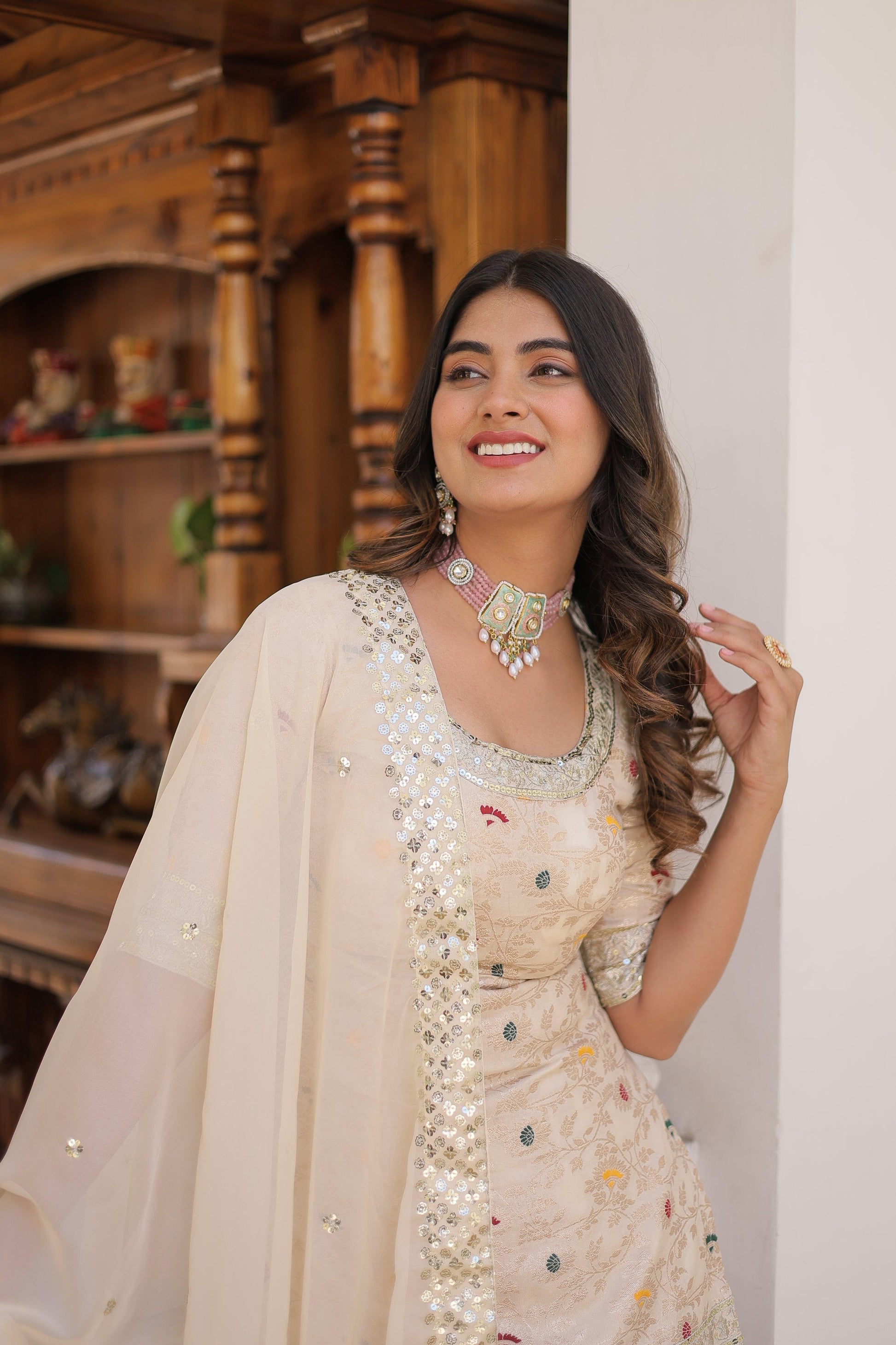Jyoti Fashion Women's Off White Viscose Jacquerd Sequins with Zari Embroidered Gharara Set | Swadesiicart