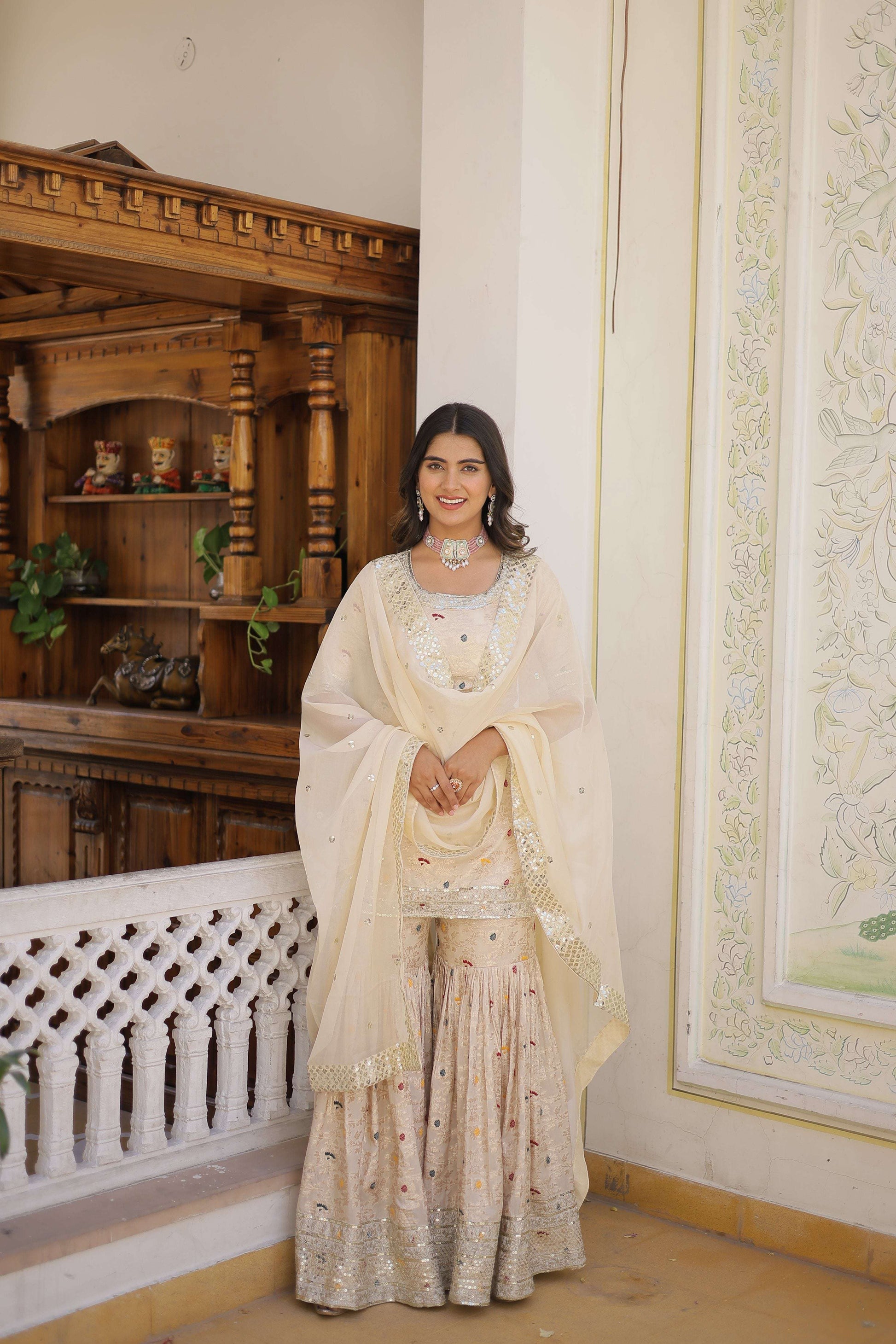 Jyoti Fashion Women's Off White Viscose Jacquerd Sequins with Zari Embroidered Gharara Set | Swadesiicart