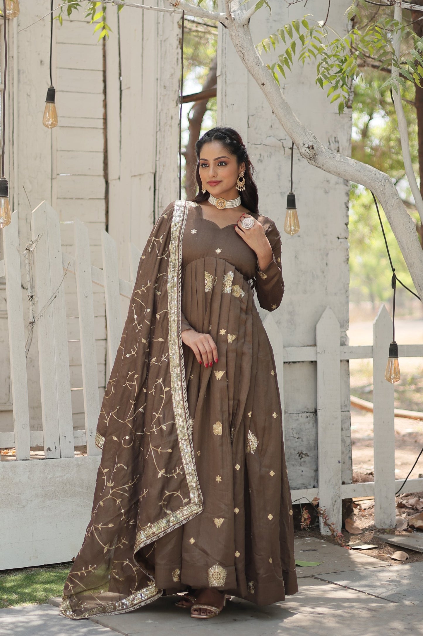 Jyoti Fashion Women's Brown Vichitra Shimmer Sequins with Embroidered Anarkali Kurta with Dupatta | Swadesiicart