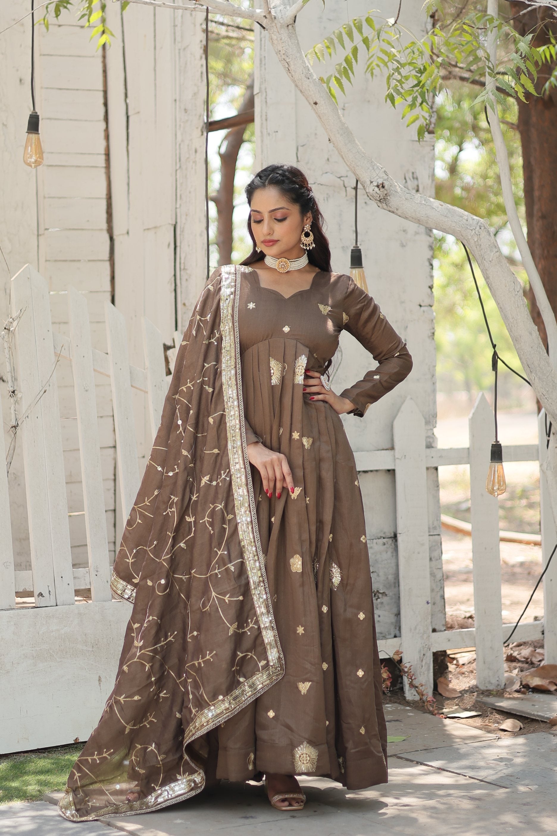 Jyoti Fashion Women's Brown Vichitra Shimmer Sequins with Embroidered Anarkali Kurta with Dupatta | Swadesiicart