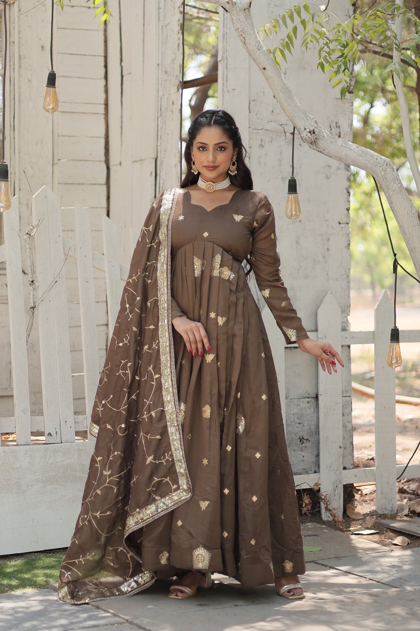 Jyoti Fashion Women's Brown Vichitra Shimmer Sequins with Embroidered Anarkali Kurta with Dupatta | Swadesiicart