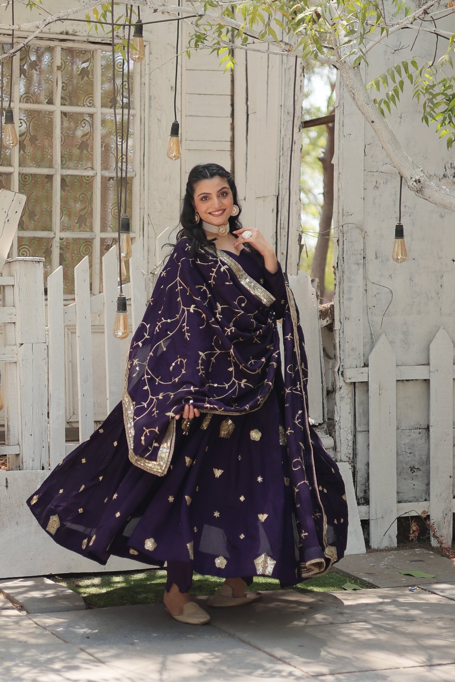 Jyoti Fashion Women's Purple Vichitra Shimmer Sequins with Embroidered Anarkali Kurta with Dupatta | Swadesiicart