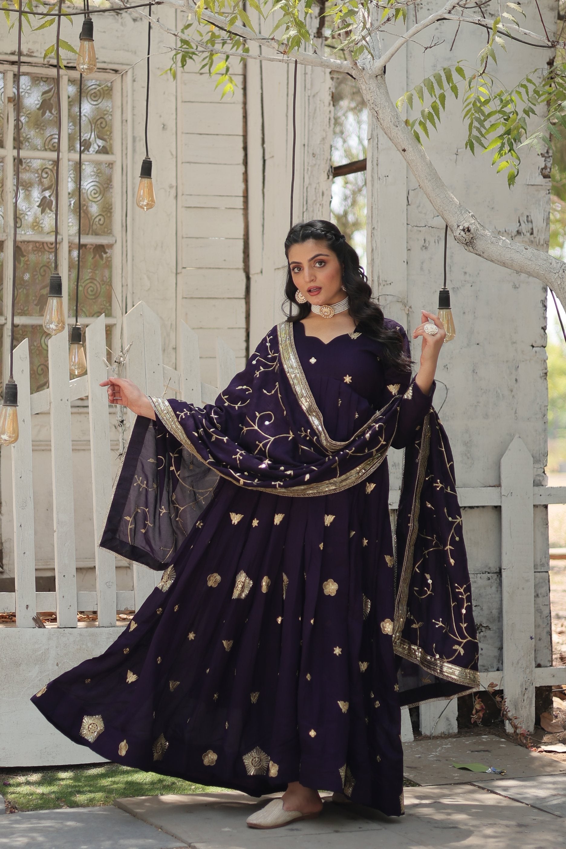 Jyoti Fashion Women's Purple Vichitra Shimmer Sequins with Embroidered Anarkali Kurta with Dupatta | Swadesiicart