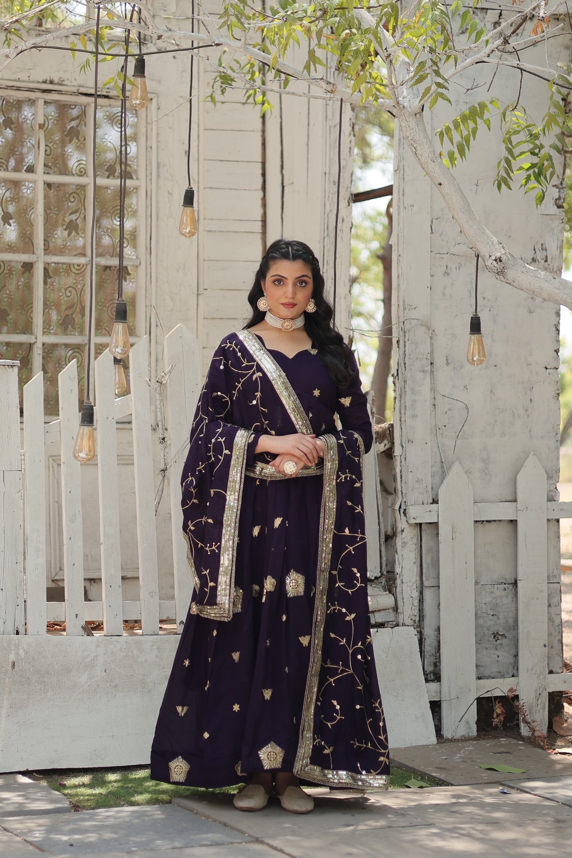 Jyoti Fashion Women's Purple Vichitra Shimmer Sequins with Embroidered Anarkali Kurta with Dupatta | Swadesiicart