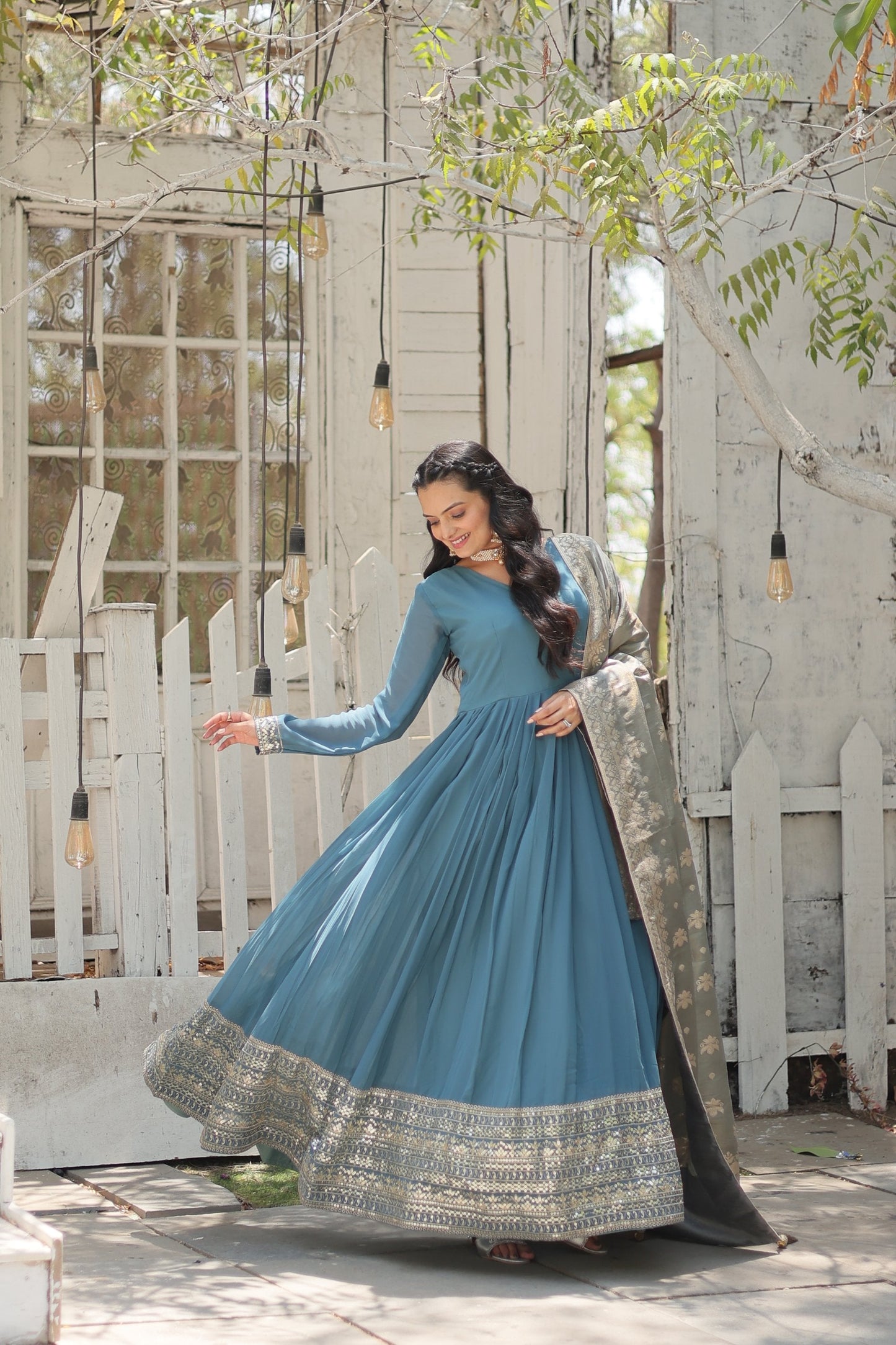 Jyoti Fashion Women's Sky Blue Faux Georgette Sequins with Embroidered Anarkali Kurta with Dupatta | Swadesiicart