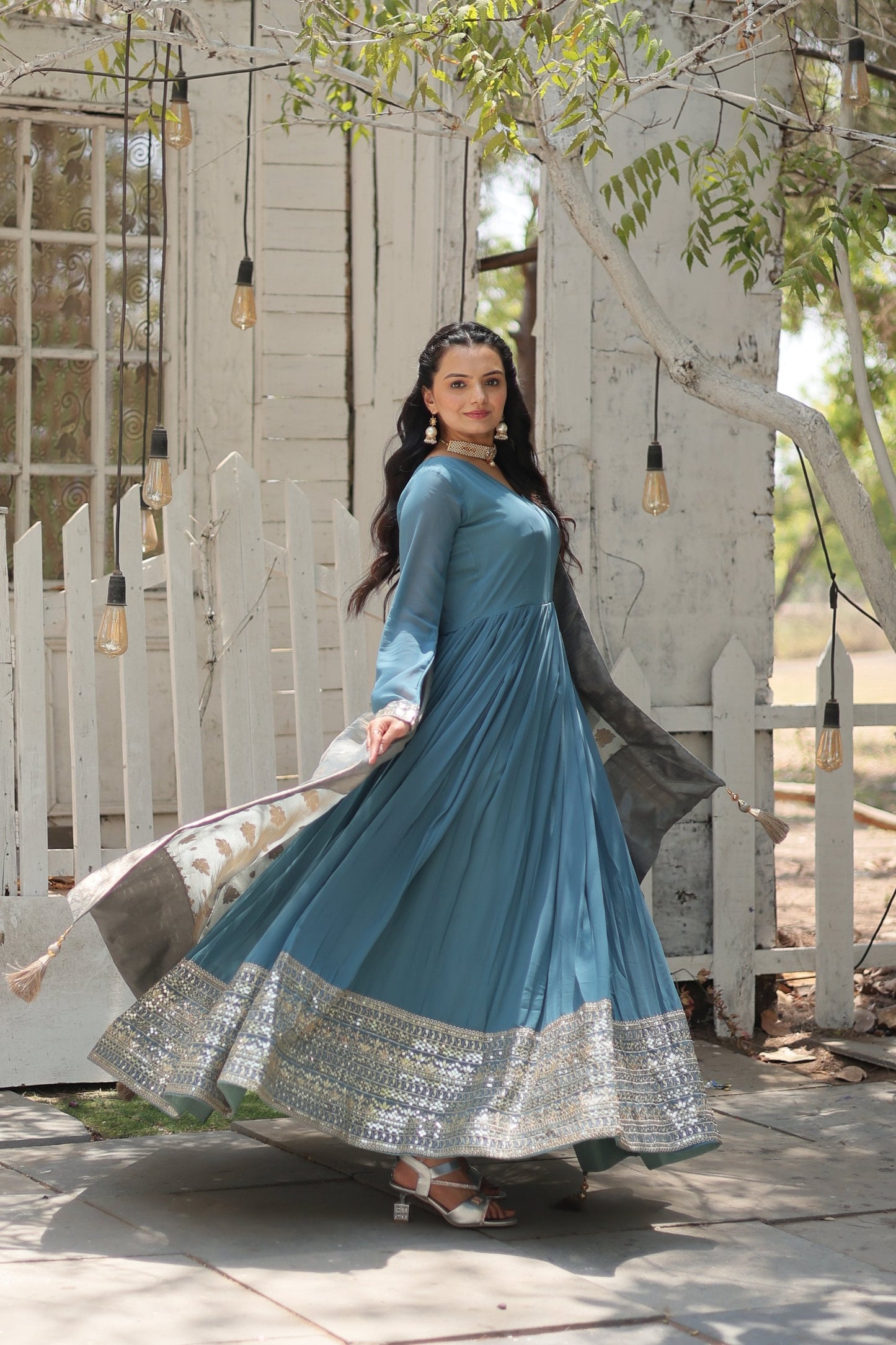 Jyoti Fashion Women's Sky Blue Faux Georgette Sequins with Embroidered Anarkali Kurta with Dupatta | Swadesiicart