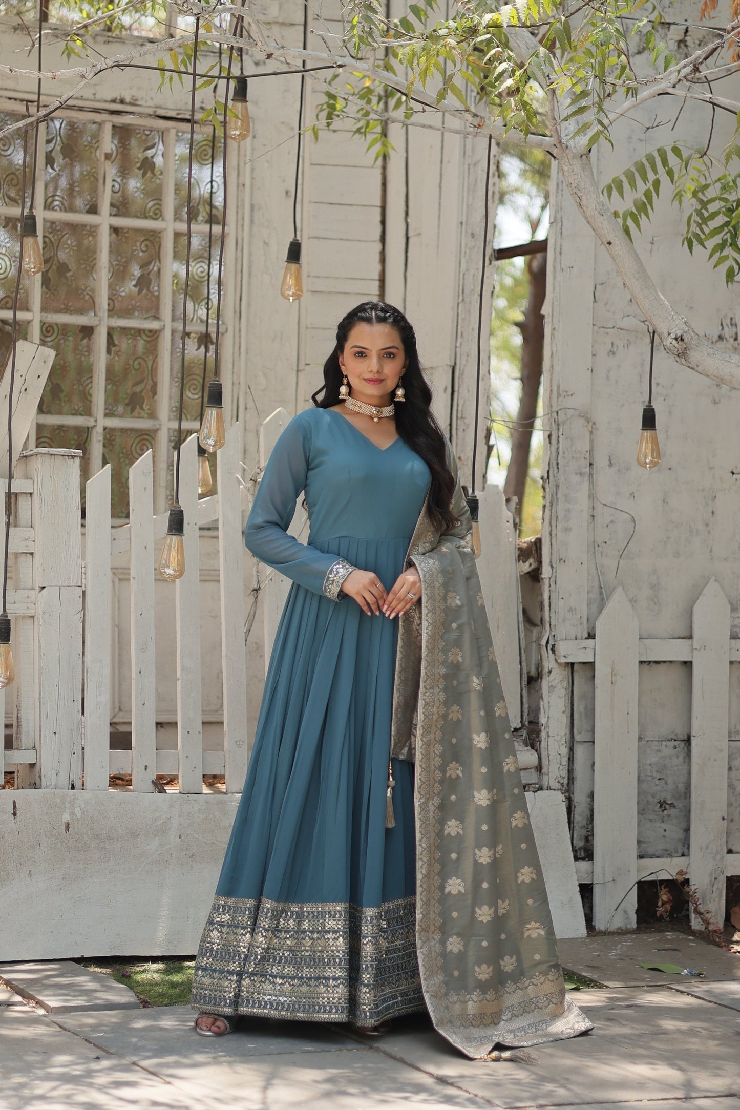 Jyoti Fashion Women's Sky Blue Faux Georgette Sequins with Embroidered Anarkali Kurta with Dupatta | Swadesiicart