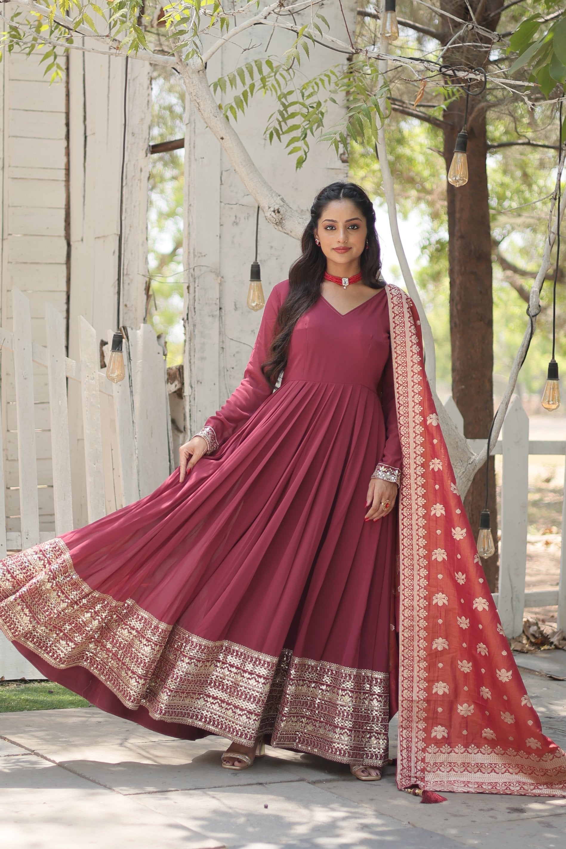 Jyoti Fashion Women's Dark Pink Faux Georgette Sequins with Embroidered Anarkali Kurta with Dupatta | Swadesiicart
