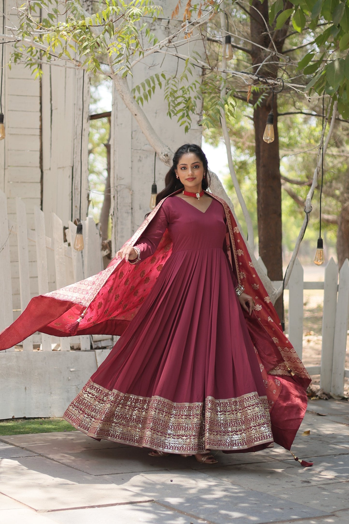 Jyoti Fashion Women's Dark Pink Faux Georgette Sequins with Embroidered Anarkali Kurta with Dupatta | Swadesiicart
