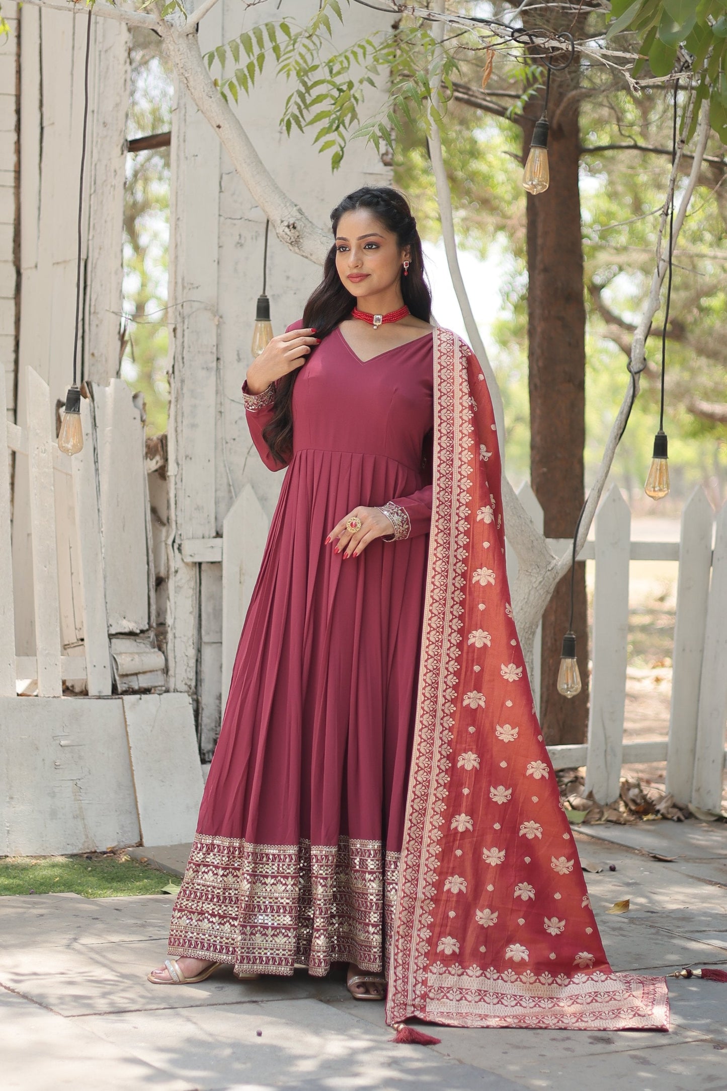Jyoti Fashion Women's Dark Pink Faux Georgette Sequins with Embroidered Anarkali Kurta with Dupatta | Swadesiicart