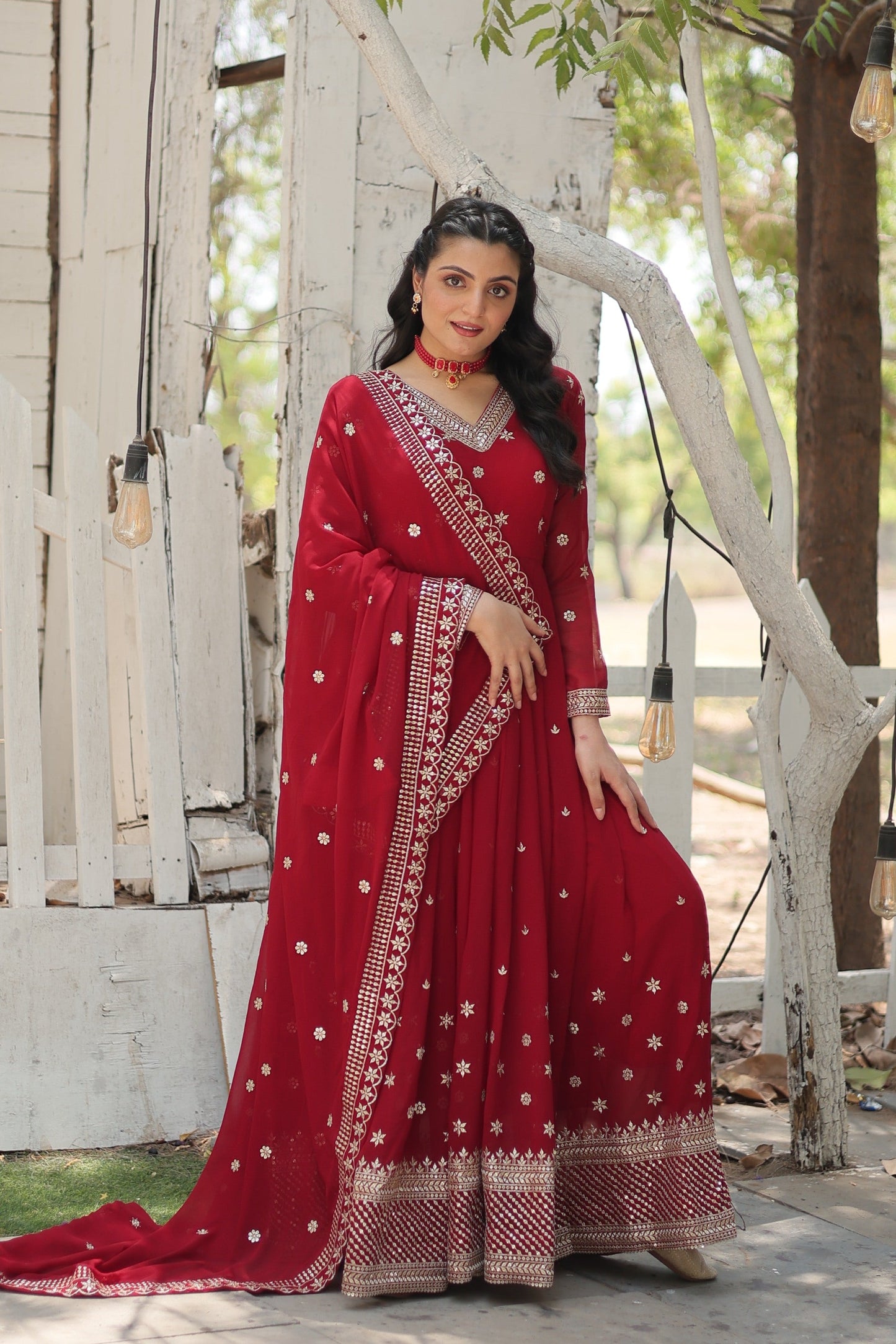 Jyoti Fashion Women's Maroon Faux Blooming Sequins with Embroidered Anarkali Kurta with Dupatta | Swadesiicart