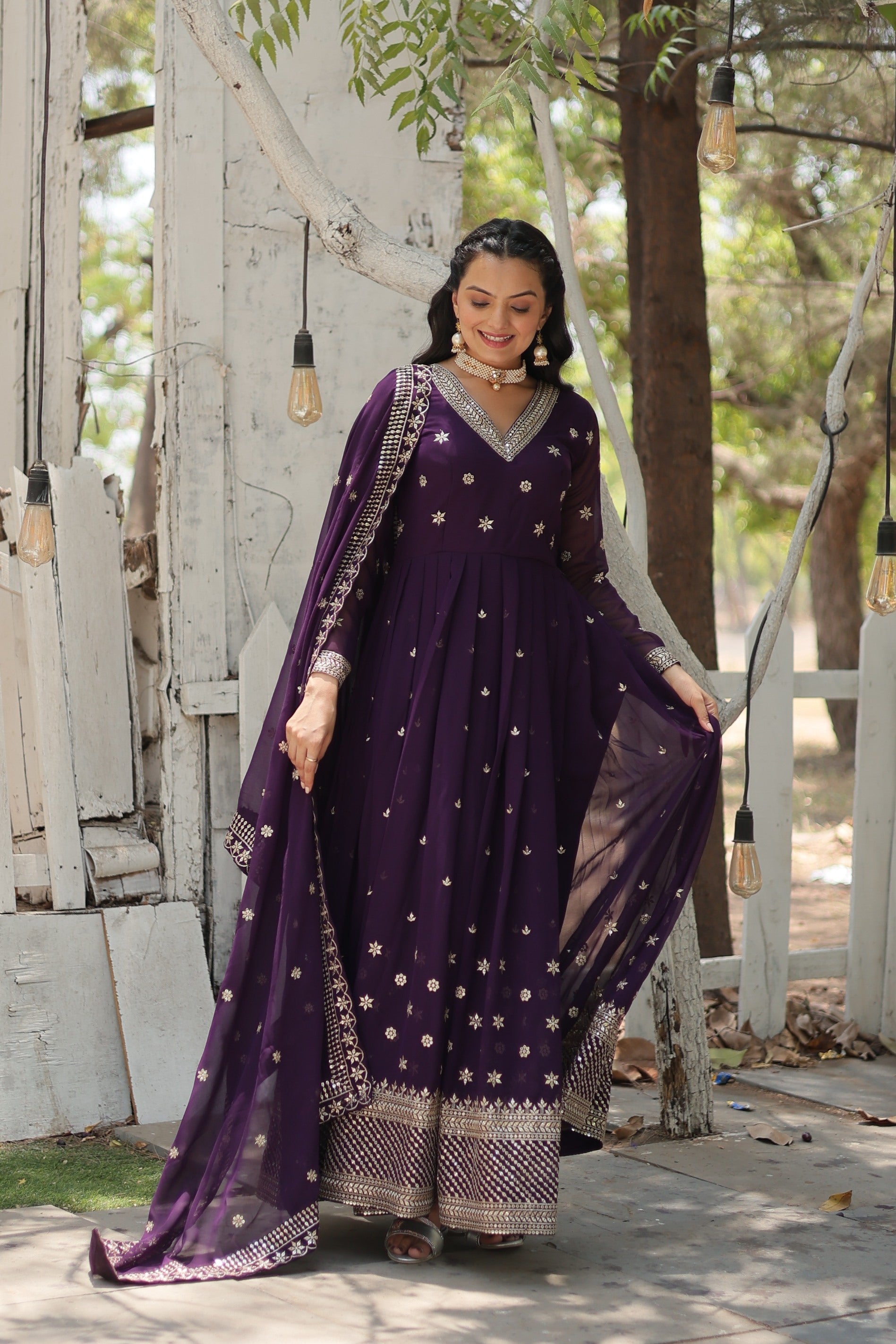 Jyoti Fashion Women's Purple Faux Blooming Sequins with Embroidered Anarkali Kurta with Dupatta | Swadesiicart