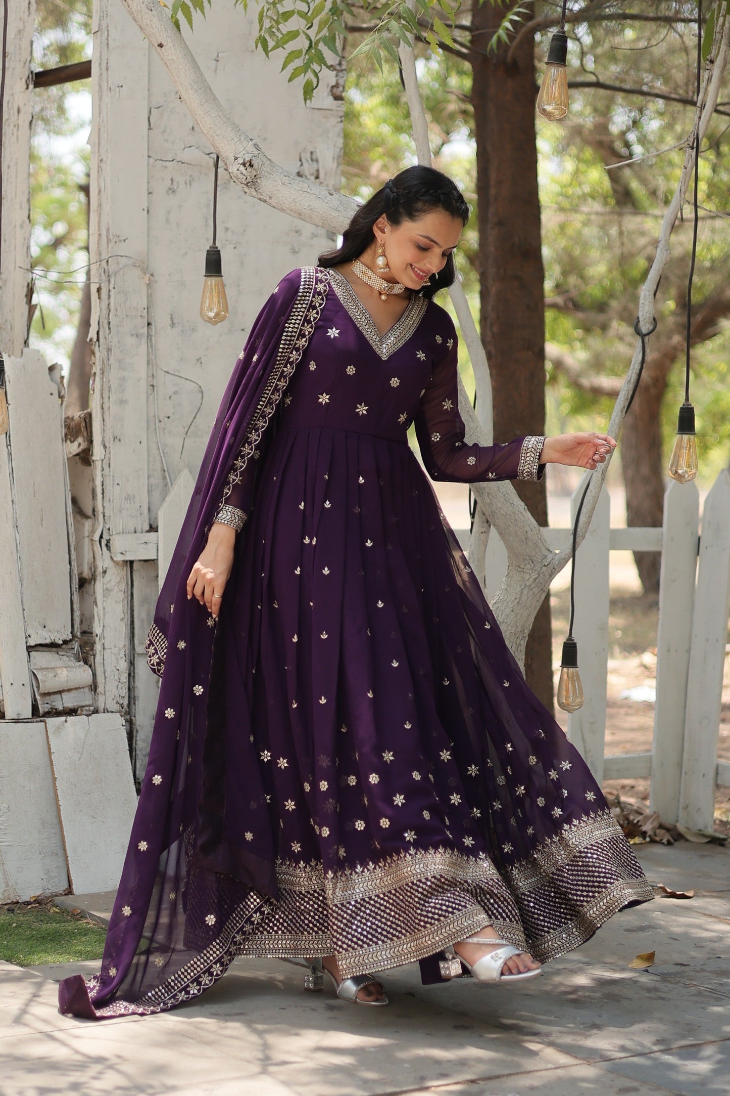 Jyoti Fashion Women's Purple Faux Blooming Sequins with Embroidered Anarkali Kurta with Dupatta | Swadesiicart