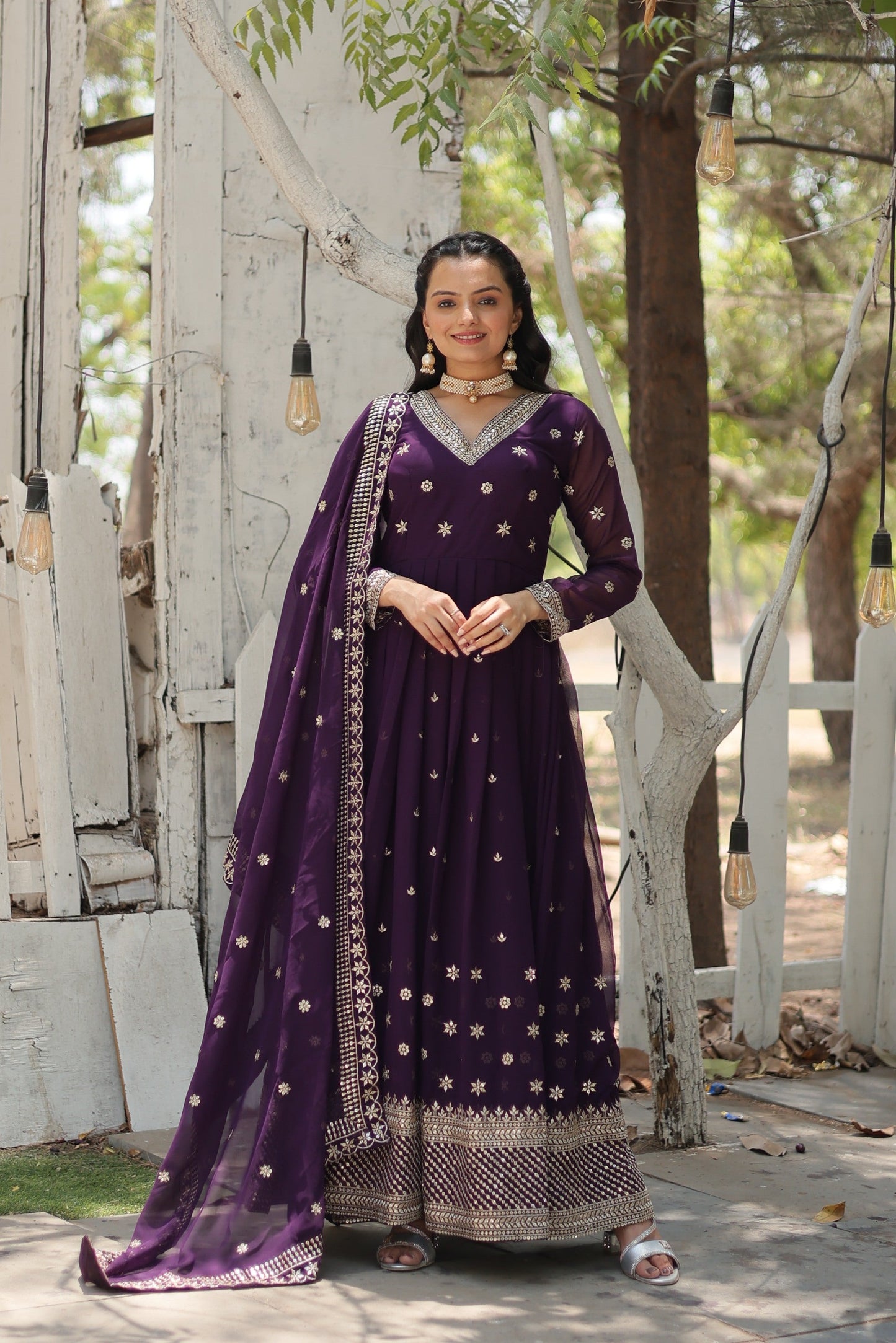 Jyoti Fashion Women's Purple Faux Blooming Sequins with Embroidered Anarkali Kurta with Dupatta | Swadesiicart