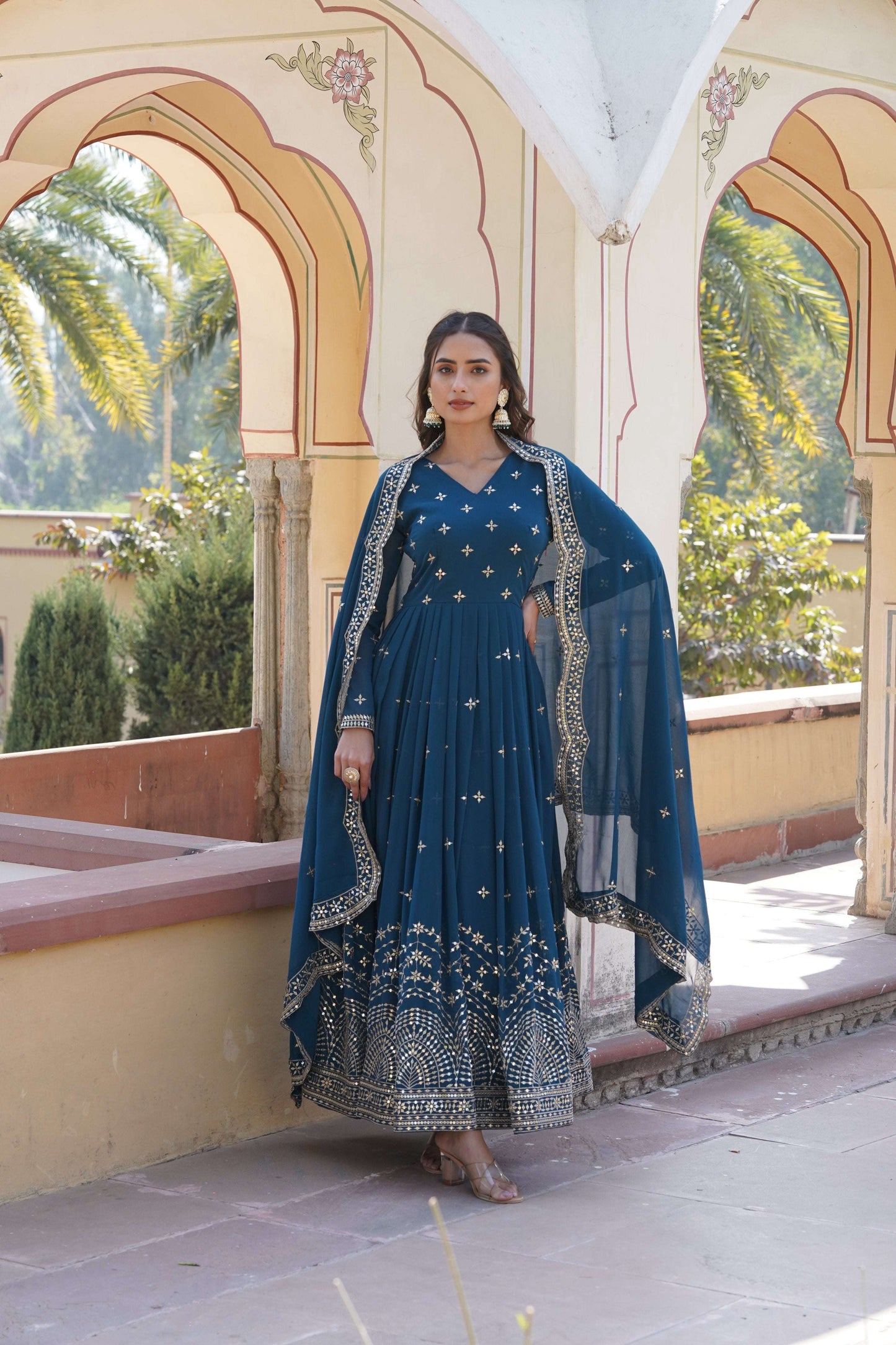 Jyoti Fashion Women's Rama Faux Georgette Sequins with Zari Embroidered Anarkali Kurta with Dupatta | Swadesiicart