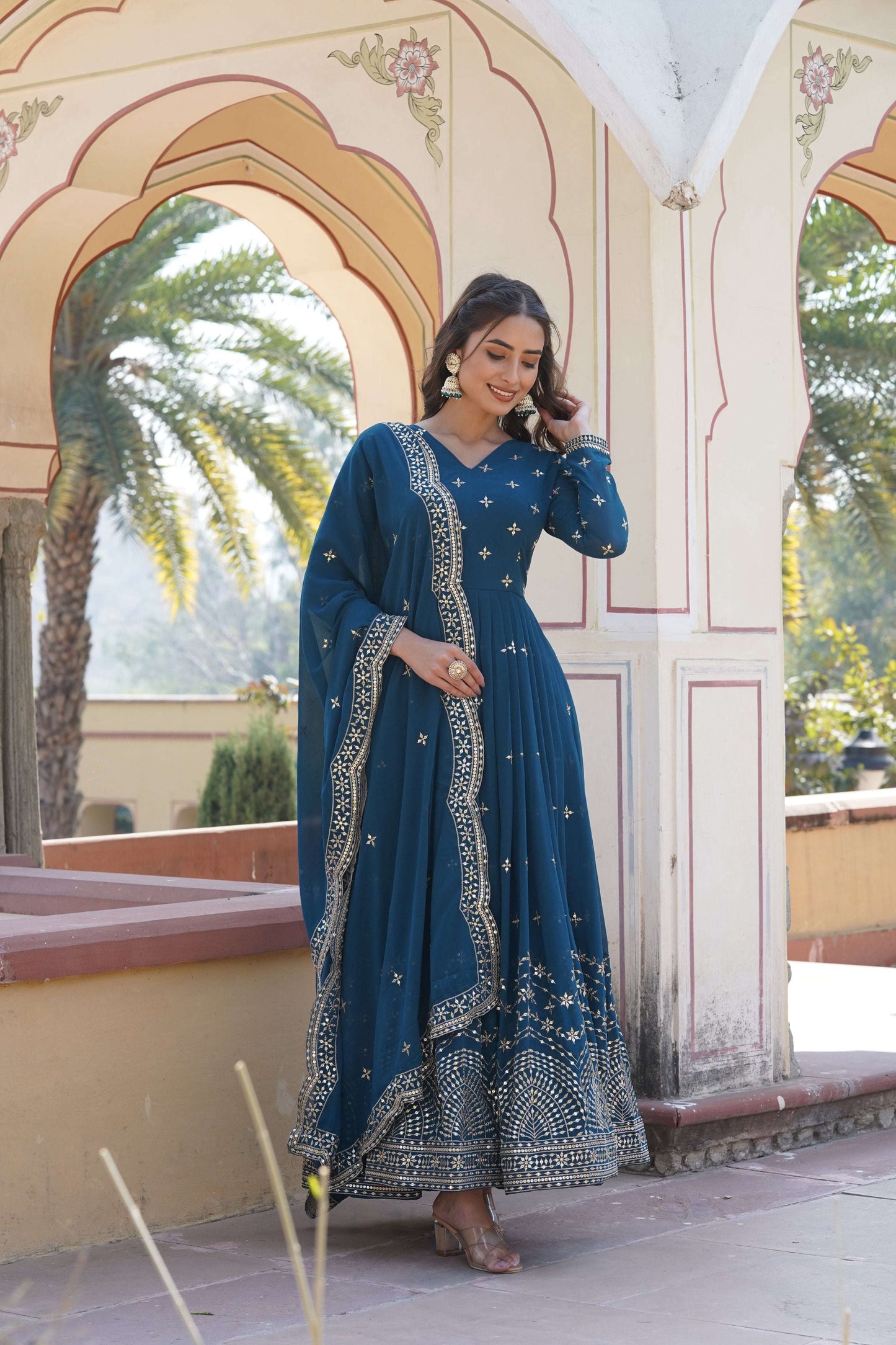 Jyoti Fashion Women's Rama Faux Georgette Sequins with Zari Embroidered Anarkali Kurta with Dupatta | Swadesiicart